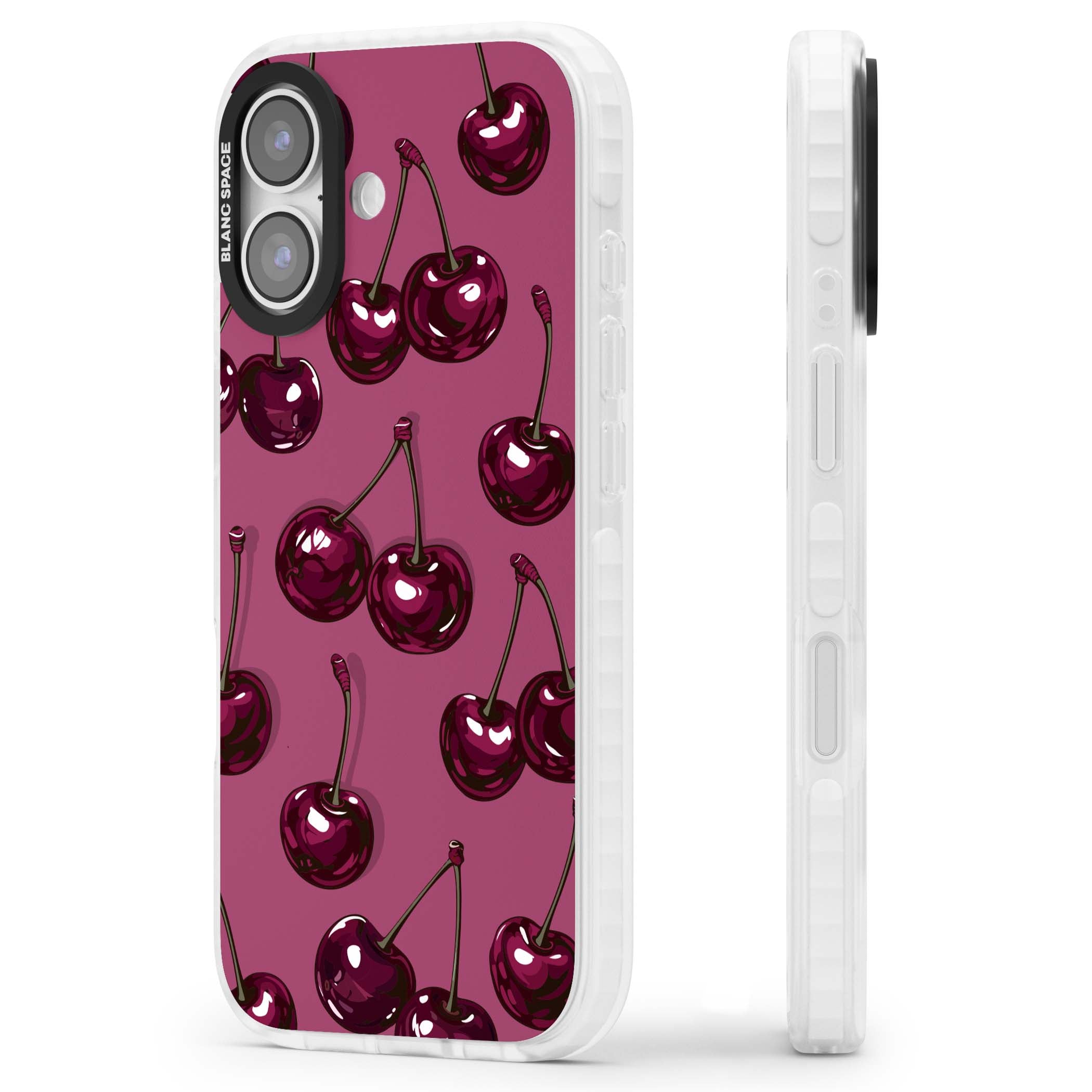 Cherry Soda coquette iPhone case featuring glossy burgundy cherries on a dusty pink background | Impact Magsafe case for iPhone 17