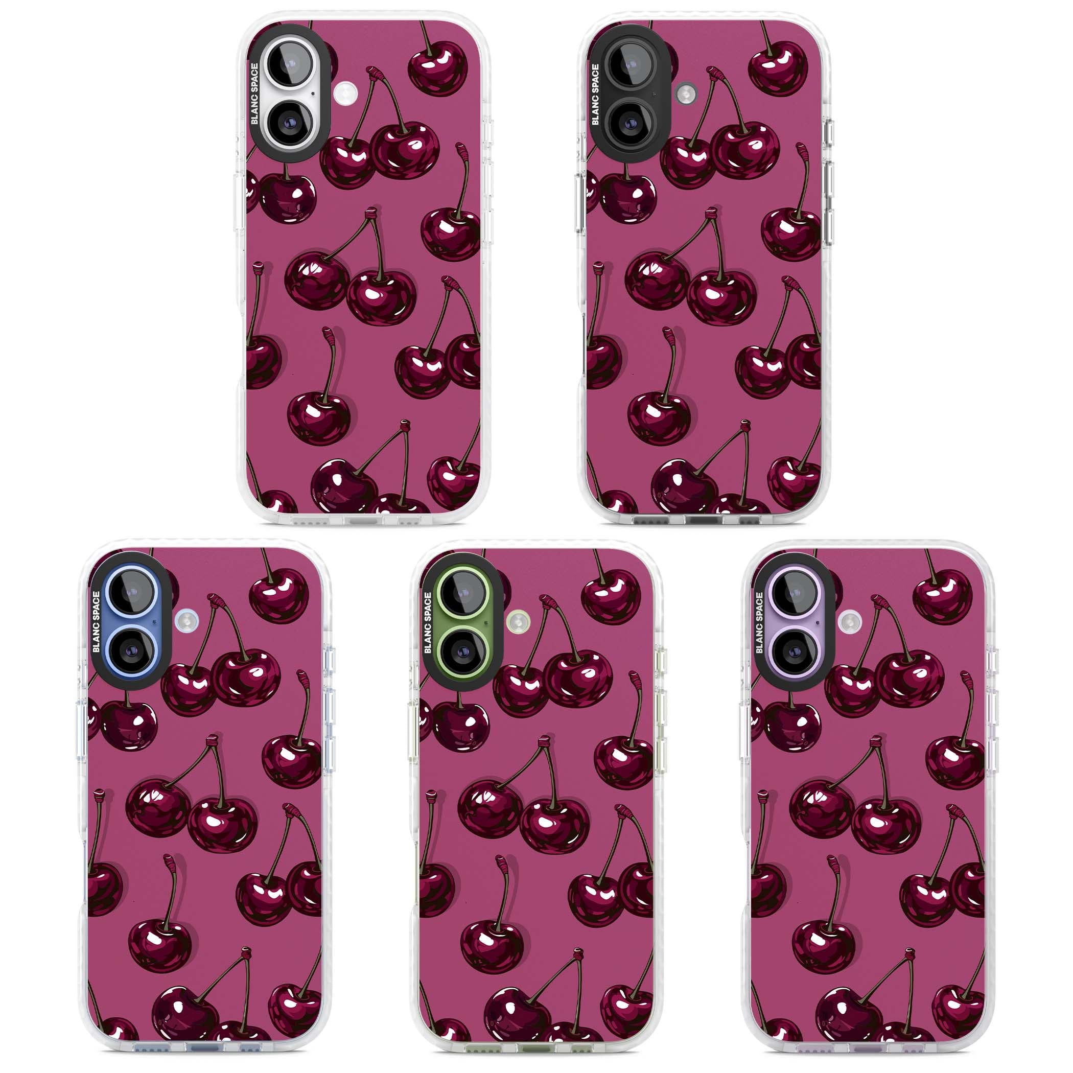 Cherry Soda coquette iPhone case featuring glossy burgundy cherries on a dusty pink background | Impact Magsafe case for iPhone 17