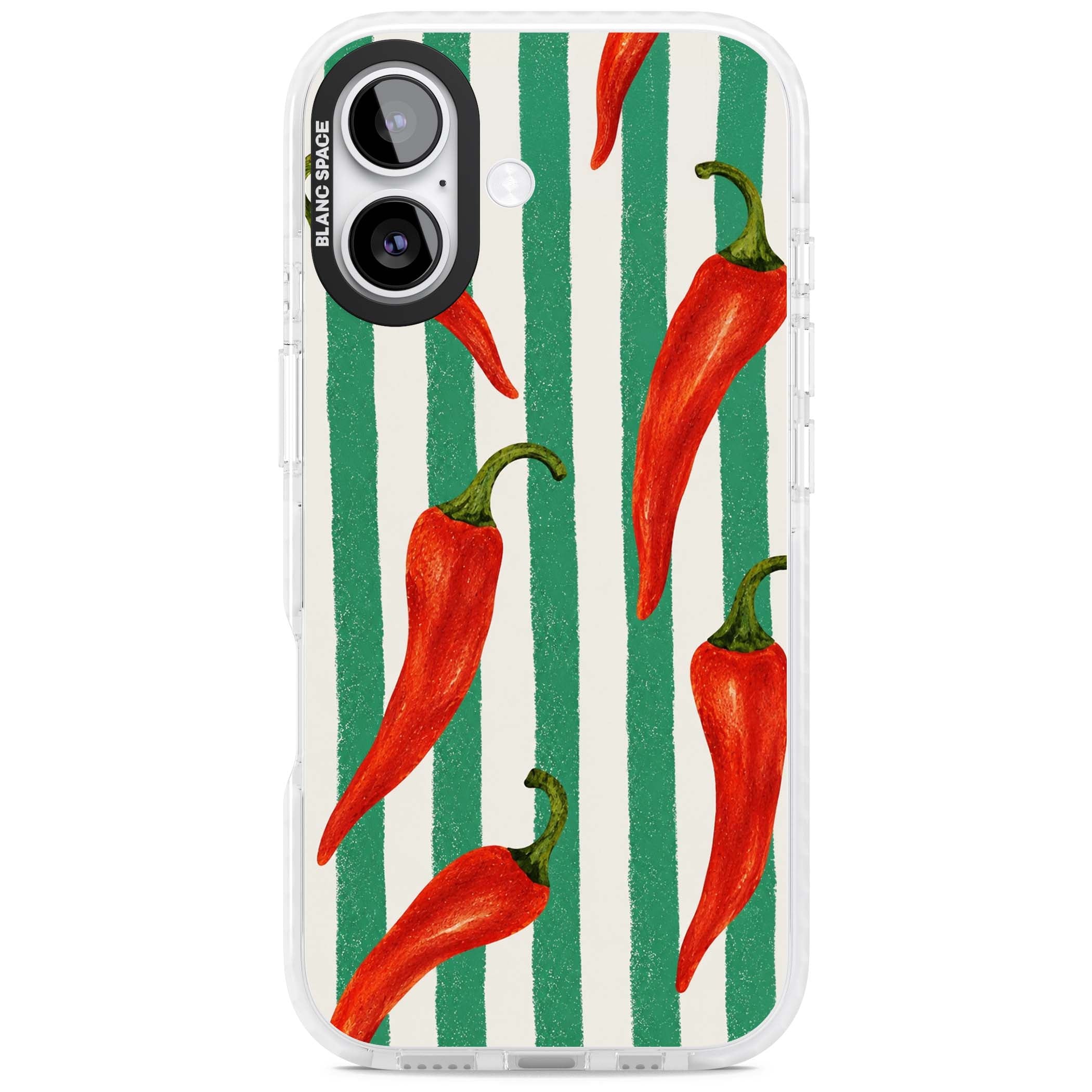 Striped Chillis coastal iPhone case featuring hand-painted red chili peppers on green and cream stripes | Impact Magsafe case for iPhone 17