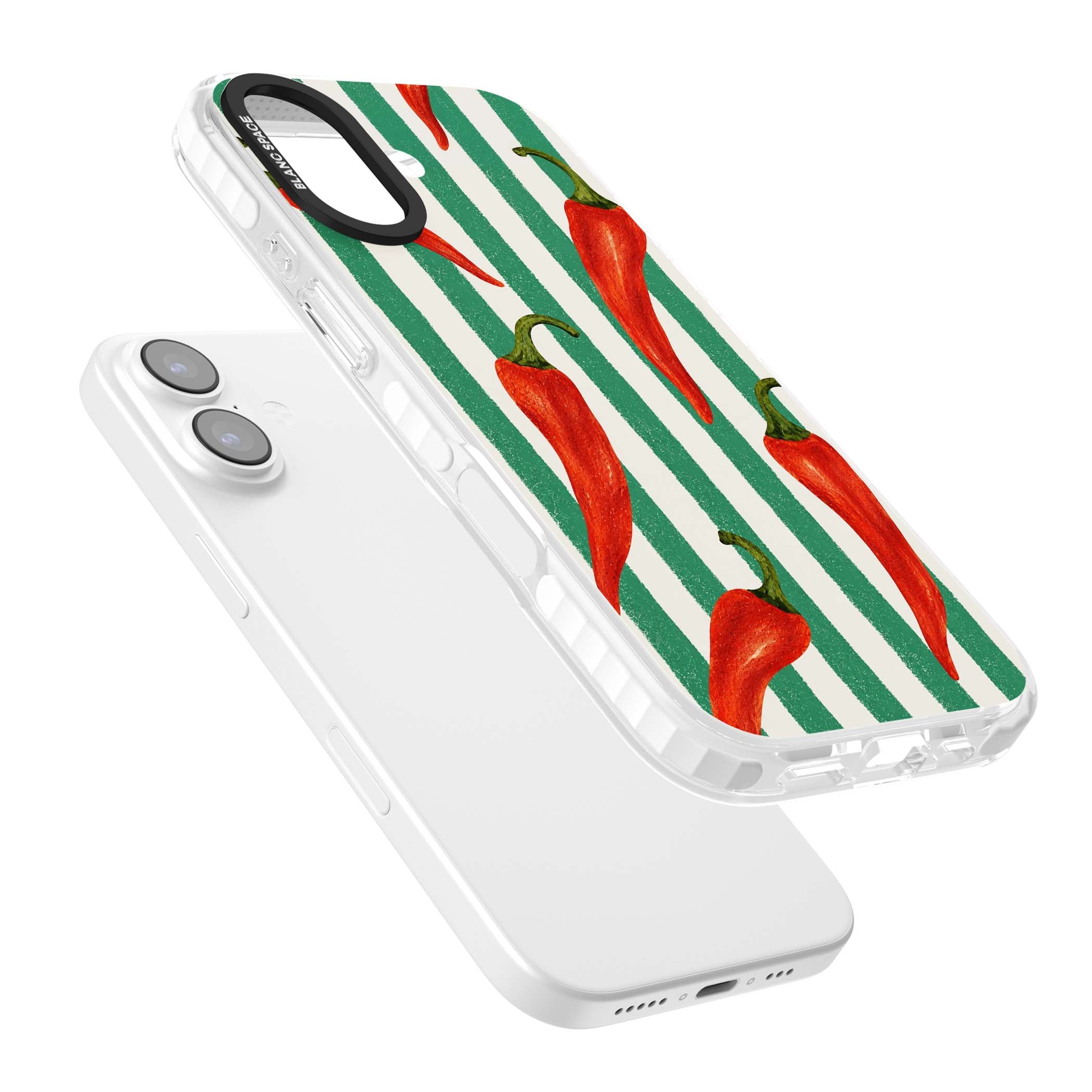 Striped Chillis coastal iPhone case featuring hand-painted red chili peppers on green and cream stripes | Impact Magsafe case for iPhone 17