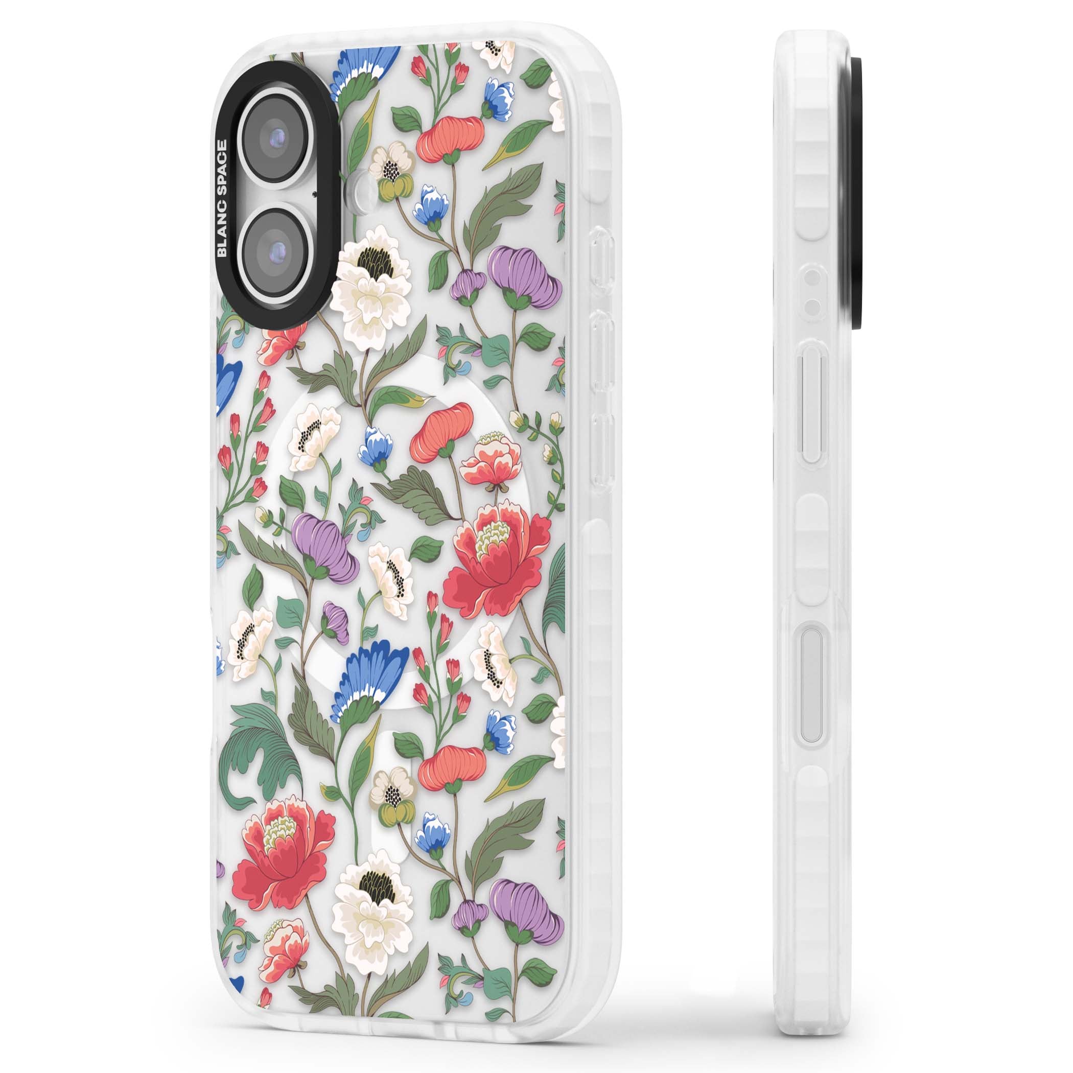 Chinoiserie Bloom vintage floral iPhone case featuring hand-painted peonies, poppies and trailing wildflowers on clear... | Impact Magsafe case for iPhone 17