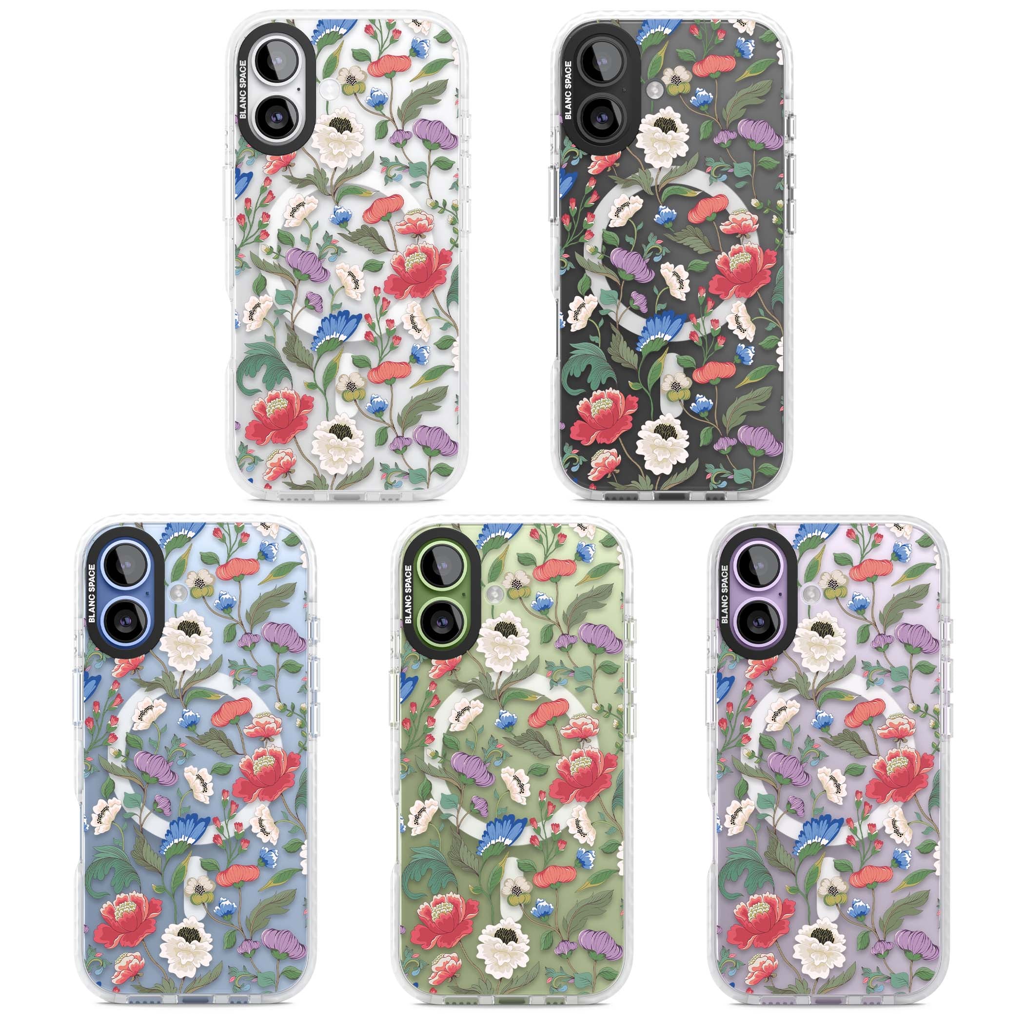 Chinoiserie Bloom vintage floral iPhone case featuring hand-painted peonies, poppies and trailing wildflowers on clear... | Impact Magsafe case for iPhone 17