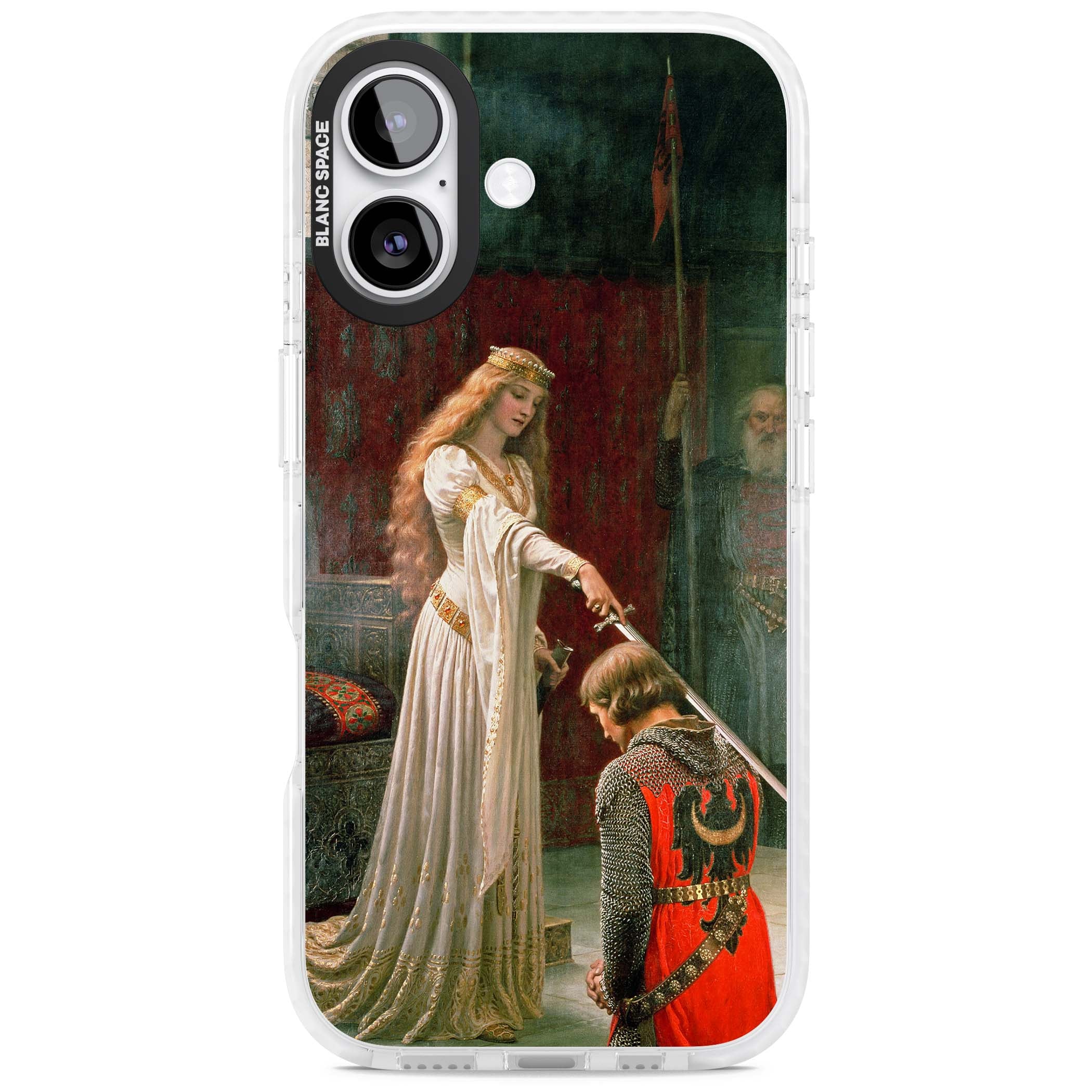 The Accolade renaissance art iPhone case featuring Edmund Blair Leighton's painting of a queen knighting a kneeling knight | Impact Magsafe case for iPhone 17