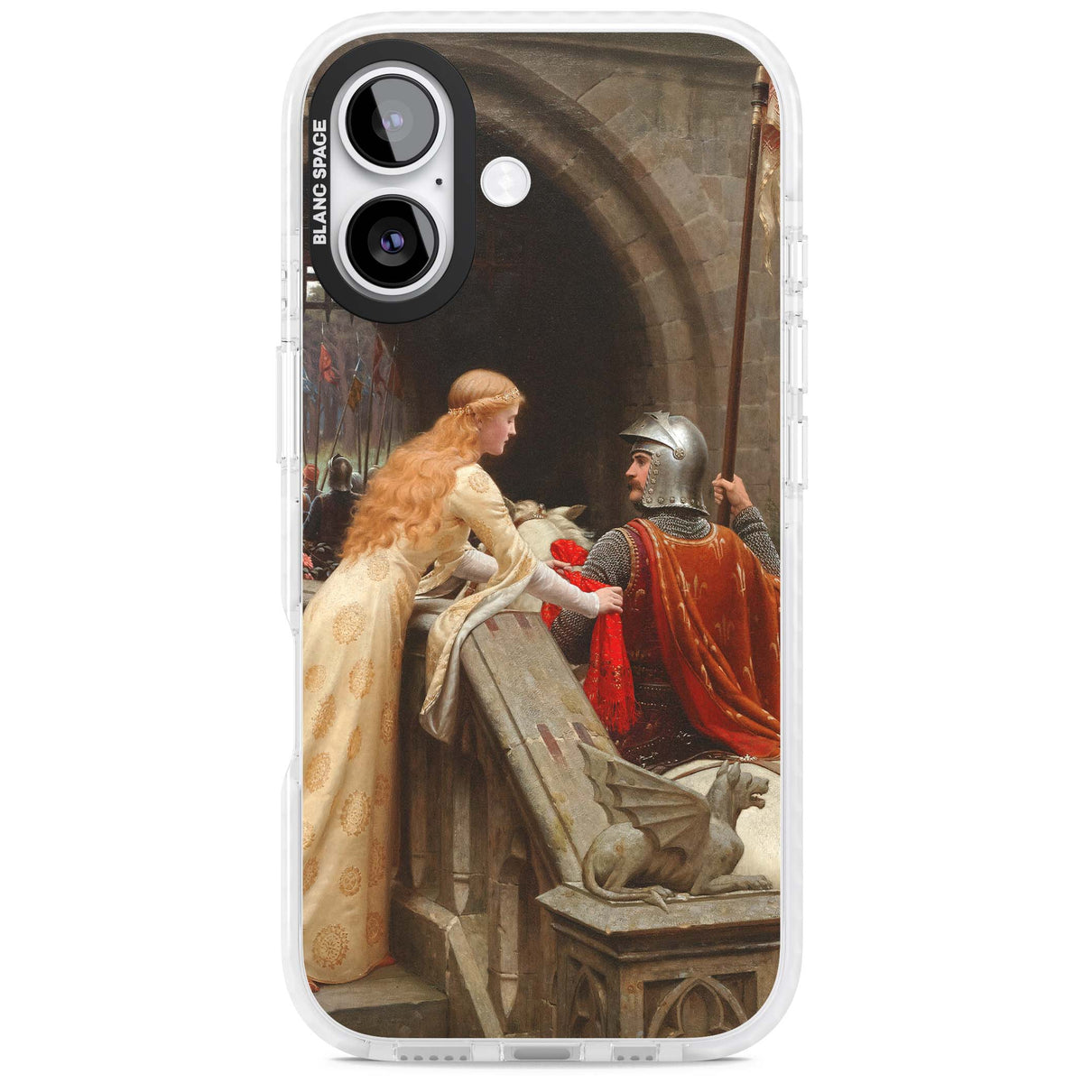 God Speed fine art iPhone case featuring Edmund Blair Leighton's medieval knight and lady beneath a stone archway | Impact Magsafe case for iPhone 17