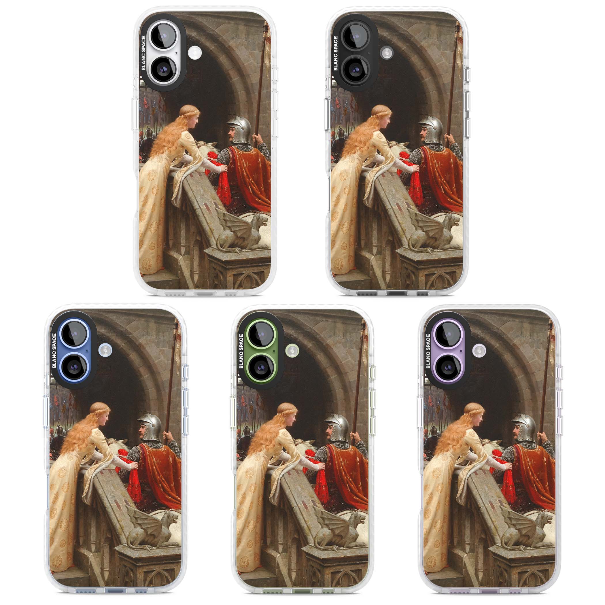 God Speed fine art iPhone case featuring Edmund Blair Leighton's medieval knight and lady beneath a stone archway | Impact Magsafe case for iPhone 17