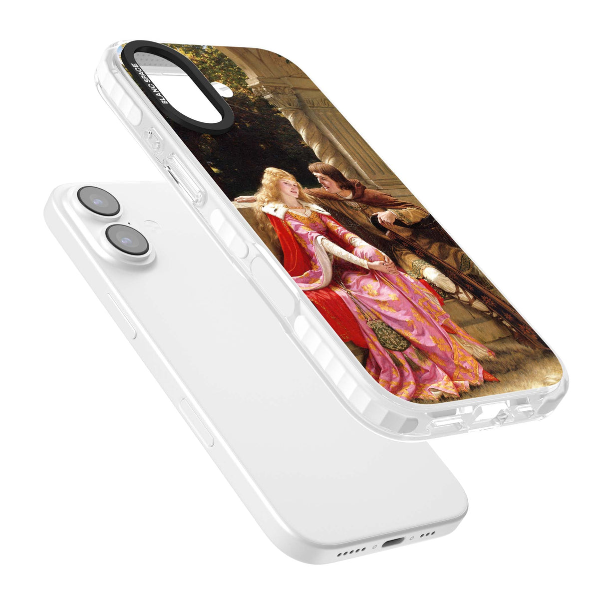 The End of the Song classic art iPhone case featuring a medieval lady in pink gown and her knight in a stone archway | Impact Magsafe case for iPhone 17