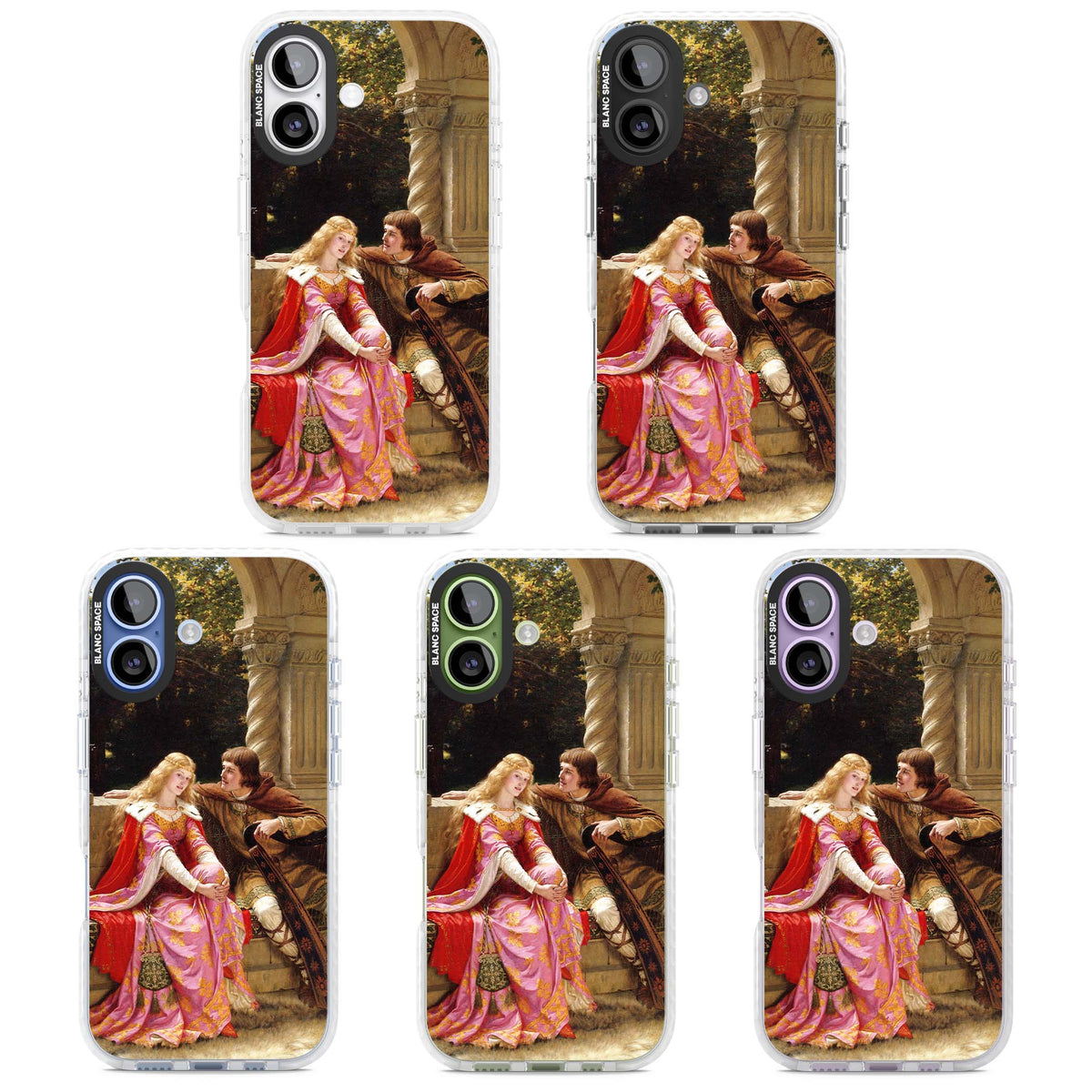 The End of the Song classic art iPhone case featuring a medieval lady in pink gown and her knight in a stone archway | Impact Magsafe case for iPhone 17