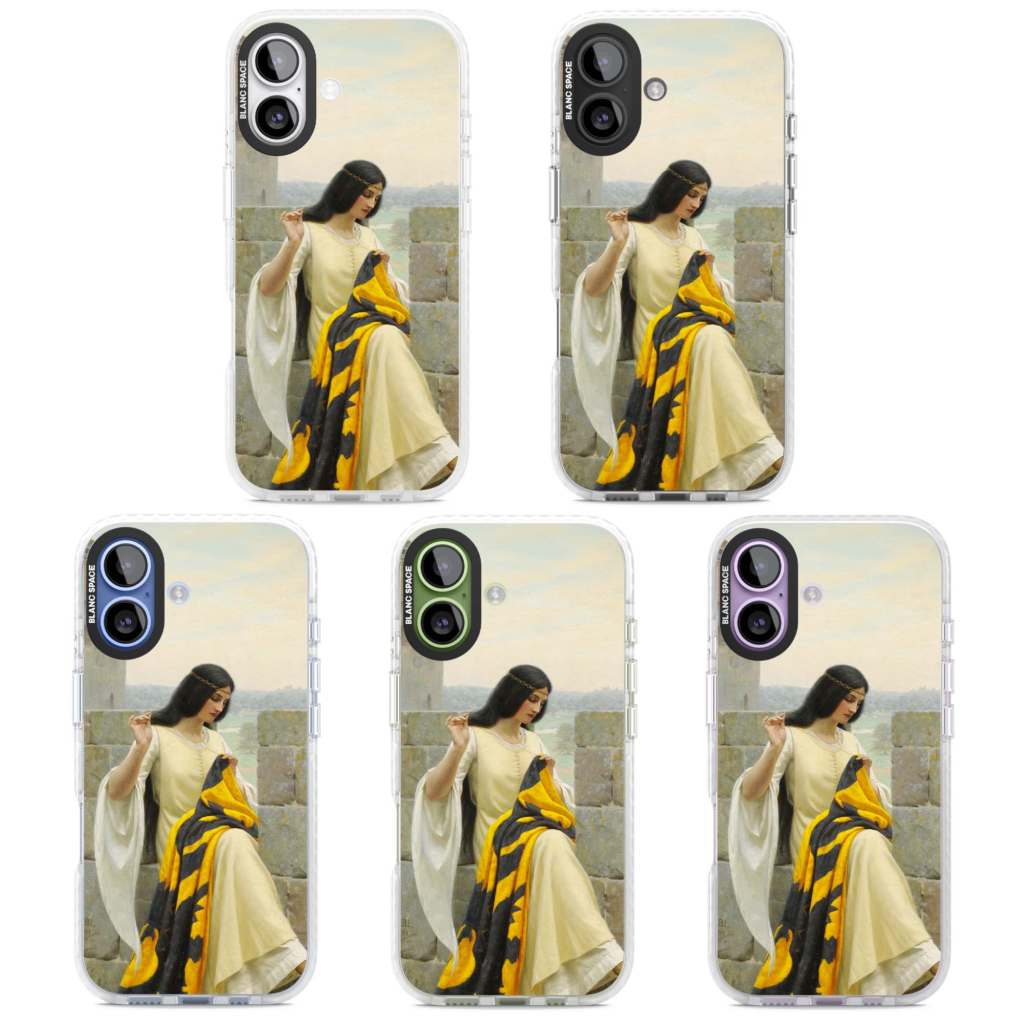 Stitching the Standard renaissance art iPhone case featuring a medieval lady sewing a golden banner on a castle wall | Impact Magsafe case for iPhone 17