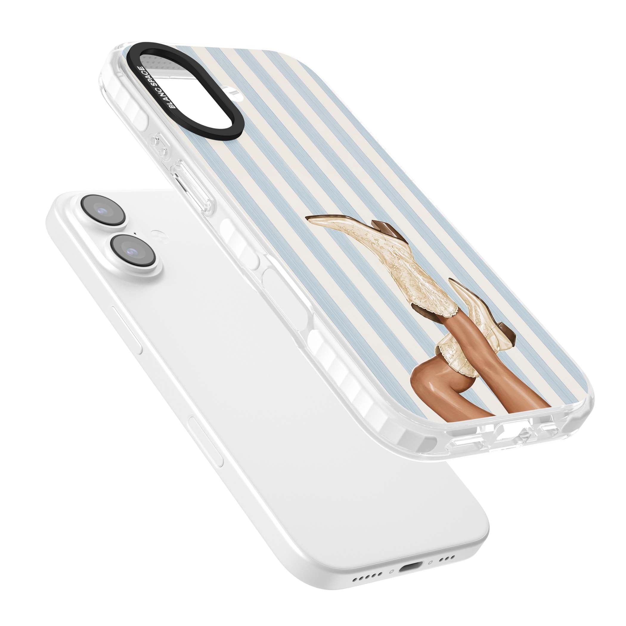 Cowgirl Boots coastal cowgirl iPhone case featuring embroidered western boots, tanned legs and a blue stripe backdrop | Impact Magsafe case for iPhone 17
