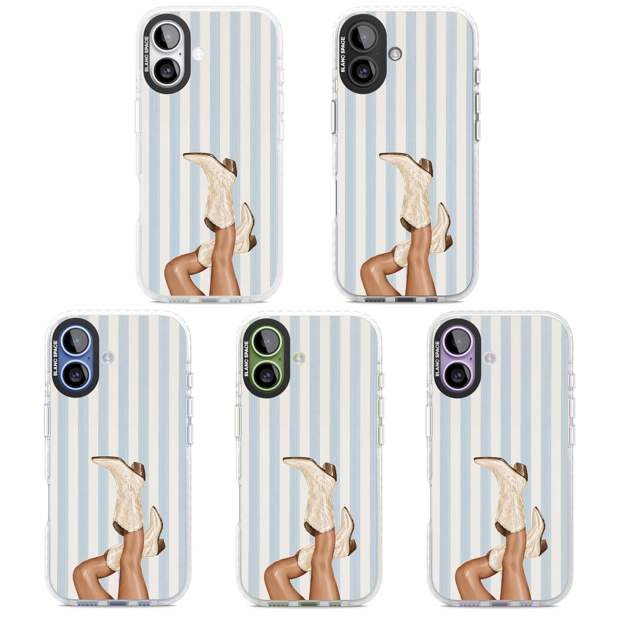Cowgirl Boots coastal cowgirl iPhone case featuring embroidered western boots, tanned legs and a blue stripe backdrop | Impact Magsafe case for iPhone 17