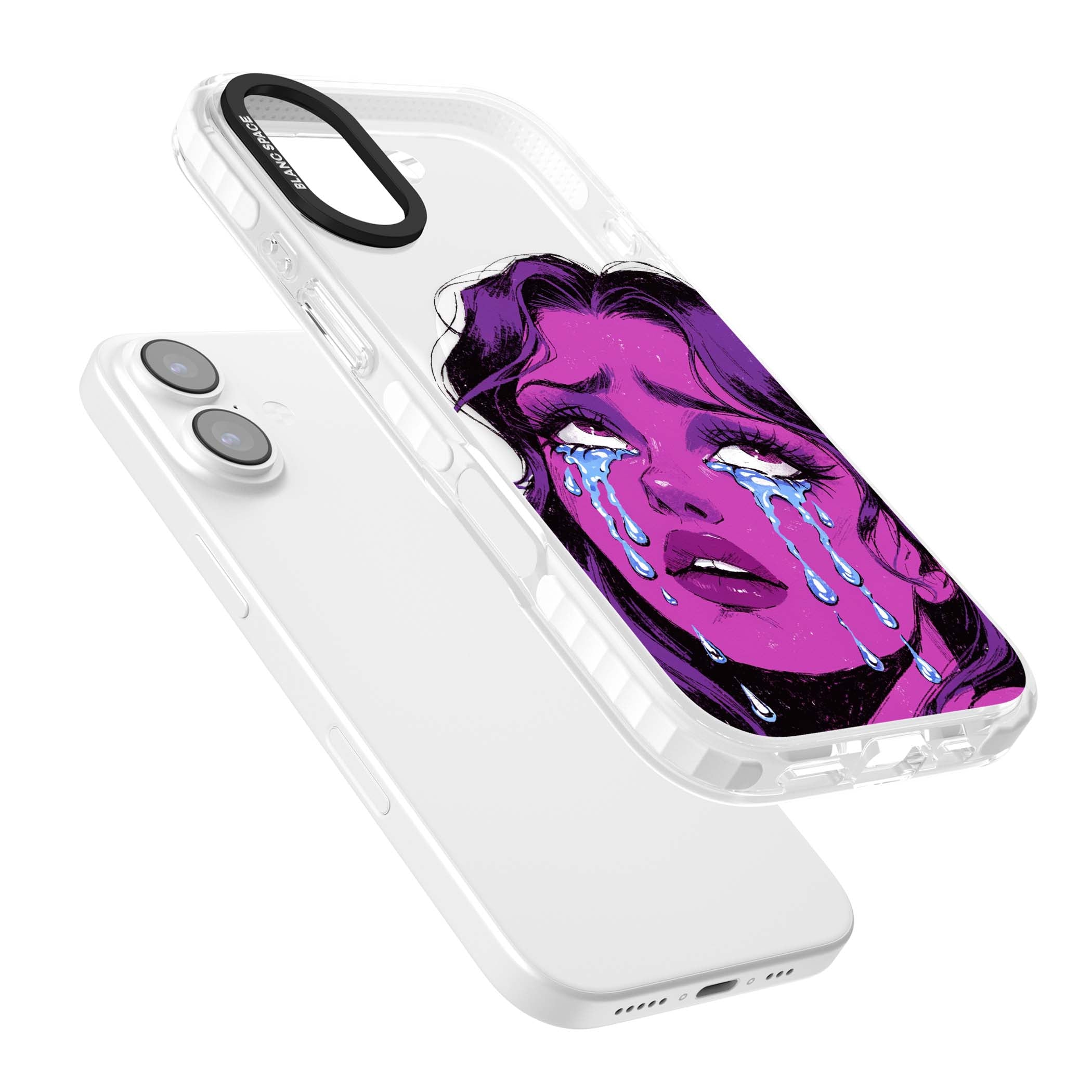Drama Queen pop art iPhone case featuring a purple crying comic girl with blue tears | Impact Magsafe case for iPhone 17