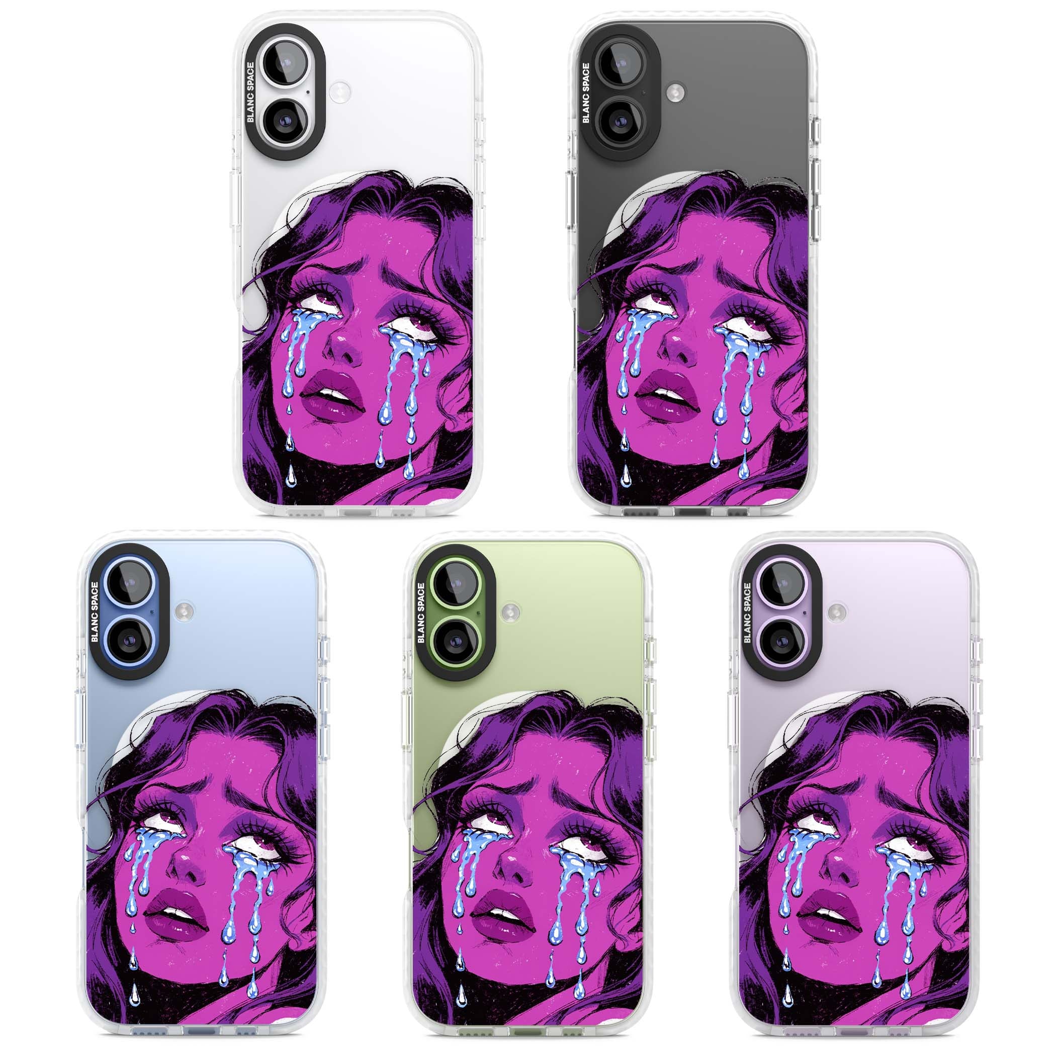 Drama Queen pop art iPhone case featuring a purple crying comic girl with blue tears | Impact Magsafe case for iPhone 17