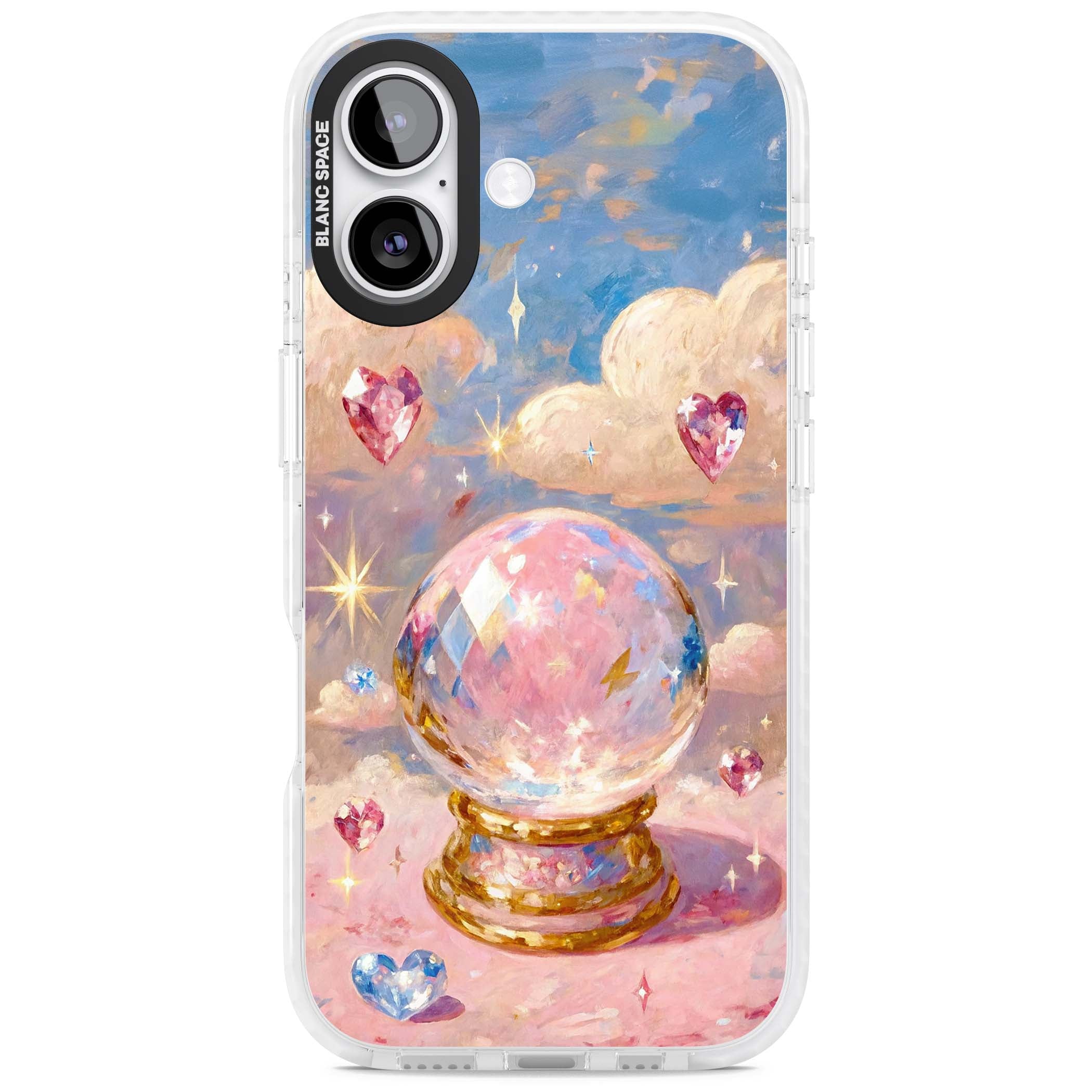 Crystal Ball fairycore iPhone case featuring a painted crystal ball, heart gemstones, and pastel clouds | Impact Magsafe case for iPhone 17