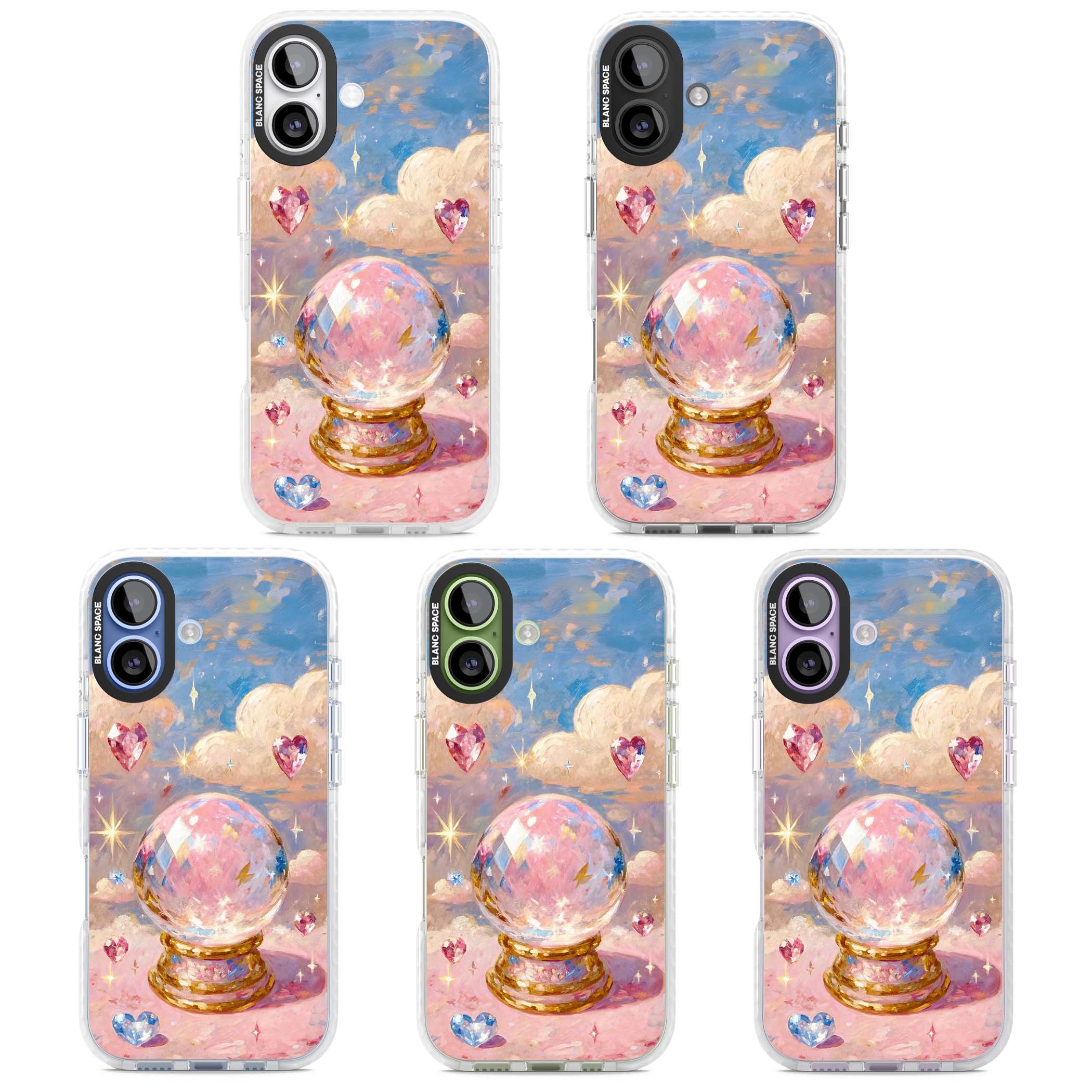 Crystal Ball fairycore iPhone case featuring a painted crystal ball, heart gemstones, and pastel clouds | Impact Magsafe case for iPhone 17