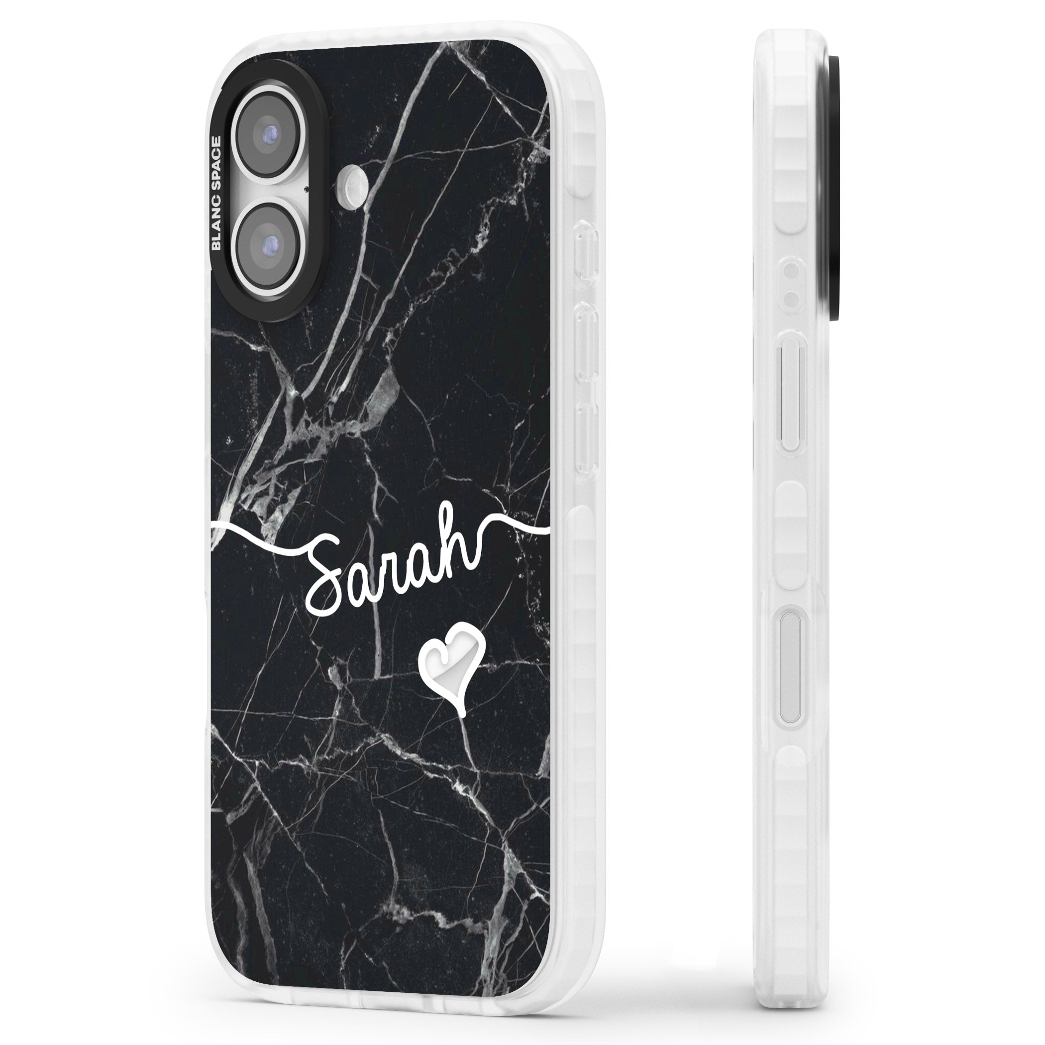 Personalised Black Marble Heart iPhone 17 Impact Pro Clear Phone Case Side Profile
