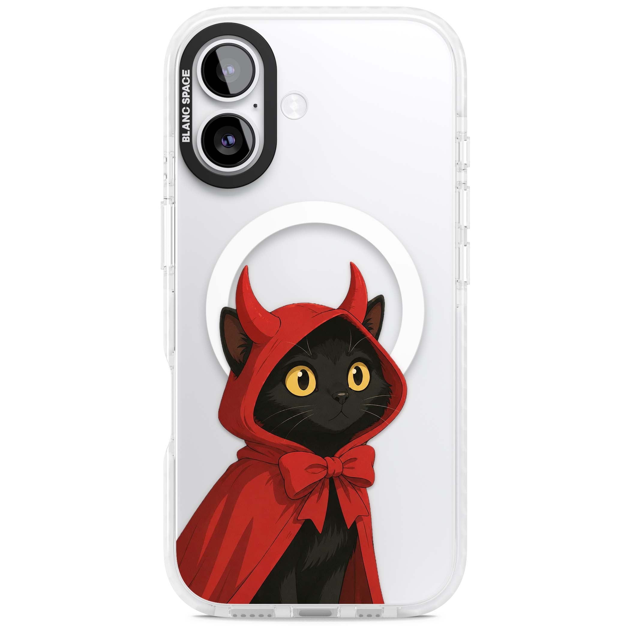 Little Devil halloween iPhone case featuring a black cat in a red hooded devil cloak with horns and golden eyes | Impact Magsafe case for iPhone 17