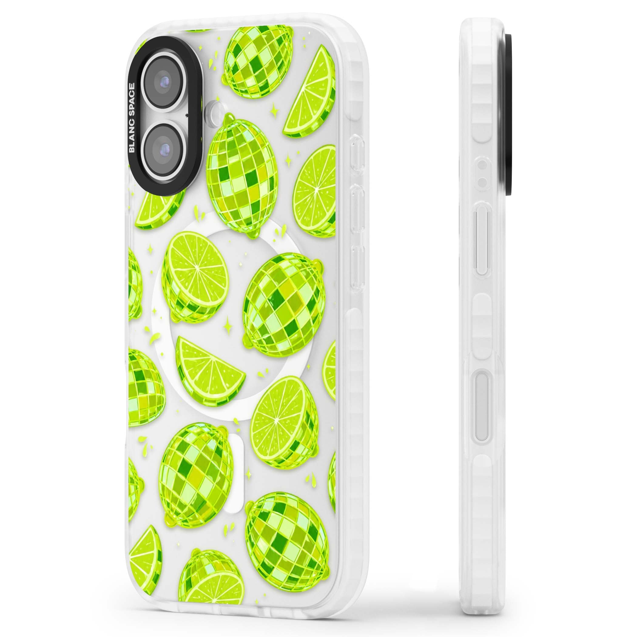 Disco Limes fruit aesthetic iPhone case featuring green disco balls, lime slices and citrus sparkles | Impact Magsafe case for iPhone 17