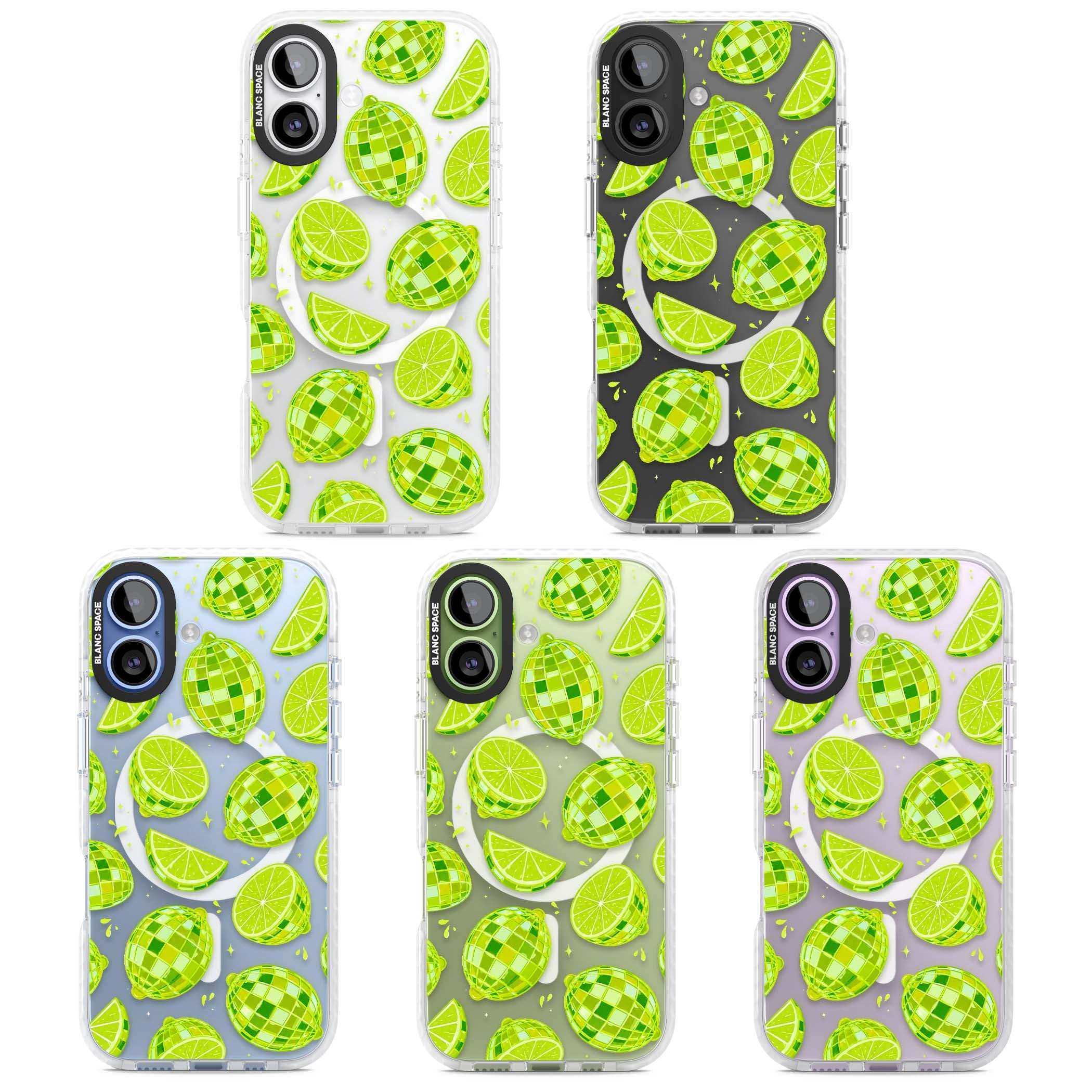 Disco Limes fruit aesthetic iPhone case featuring green disco balls, lime slices and citrus sparkles | Impact Magsafe case for iPhone 17