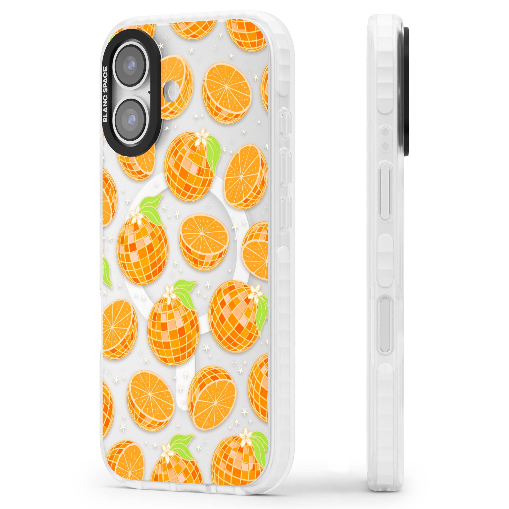 Disco Oranges retro iPhone case featuring mirrorball oranges, citrus slices and tiny blossoms on clear | Impact Magsafe case for iPhone 17