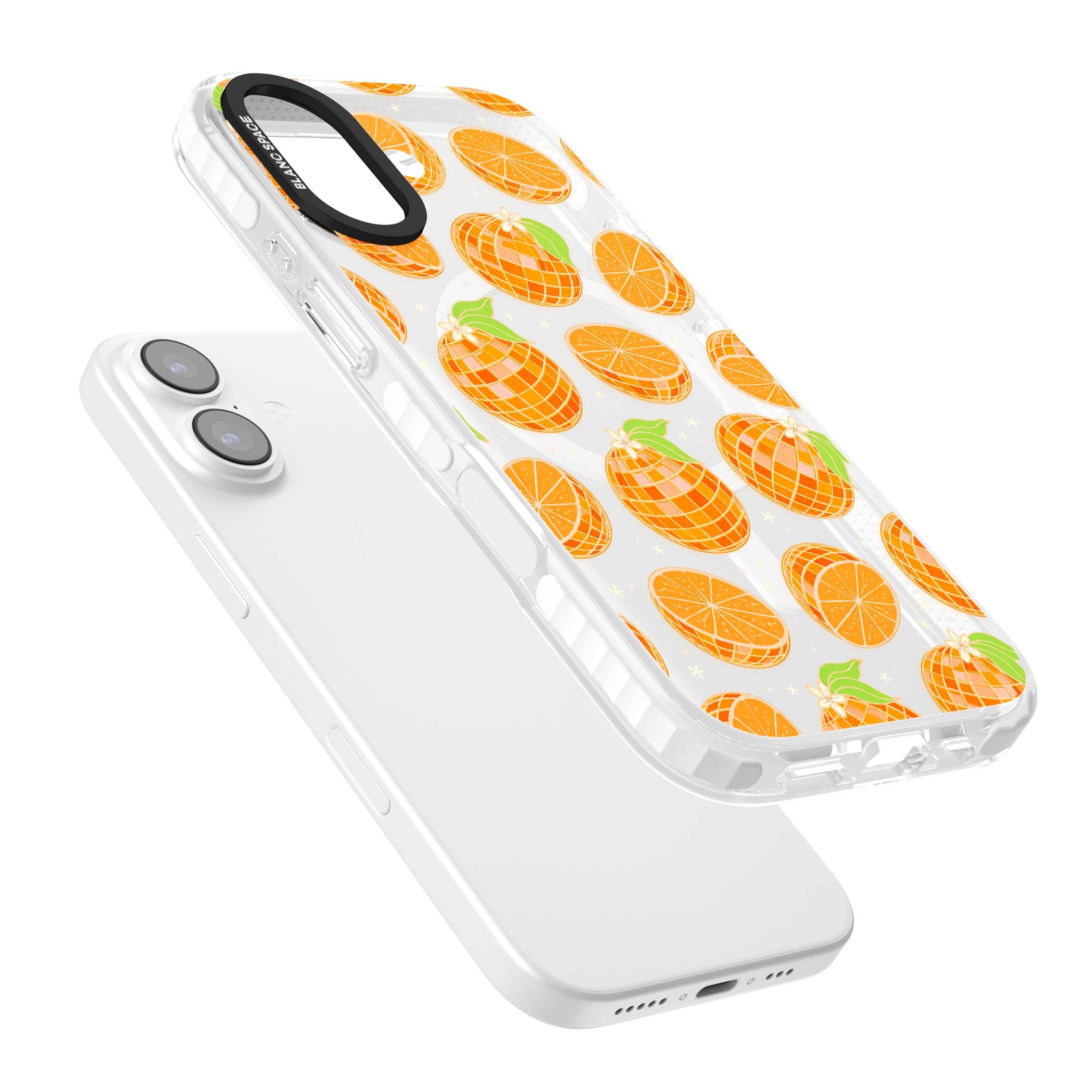 Disco Oranges retro iPhone case featuring mirrorball oranges, citrus slices and tiny blossoms on clear | Impact Magsafe case for iPhone 17