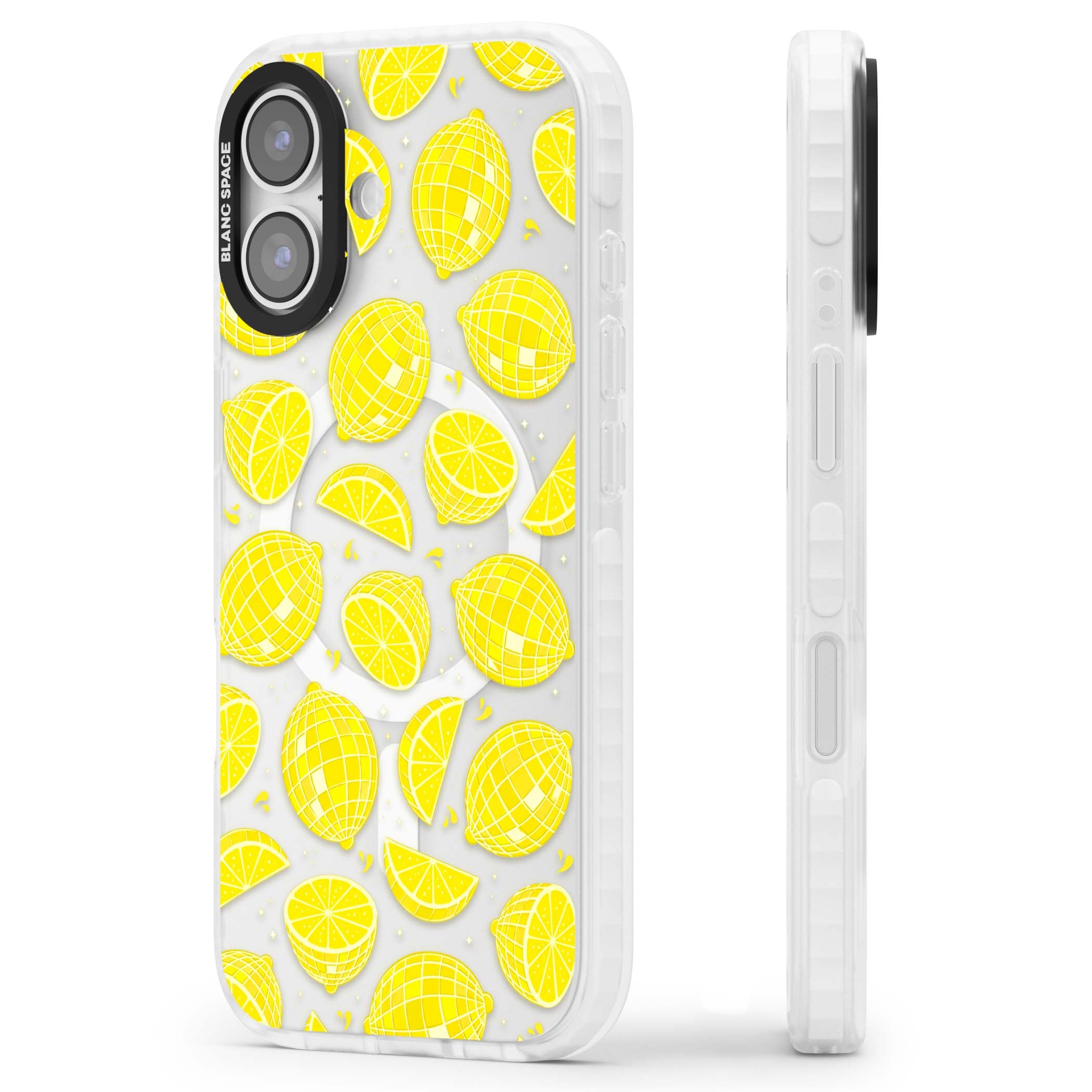 Disco Lemons citrus iPhone case featuring mirrorball lemons, sliced fruit and sparkle accents | Impact Magsafe case for iPhone 17