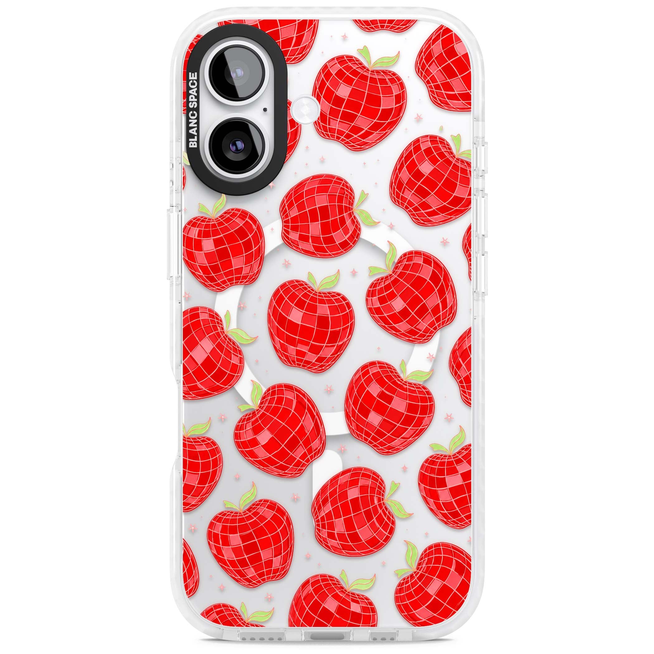 Disco Apples Y2K iPhone case featuring red disco ball apples, green leaves and pink sparkles on clear | Impact Magsafe case for iPhone 17