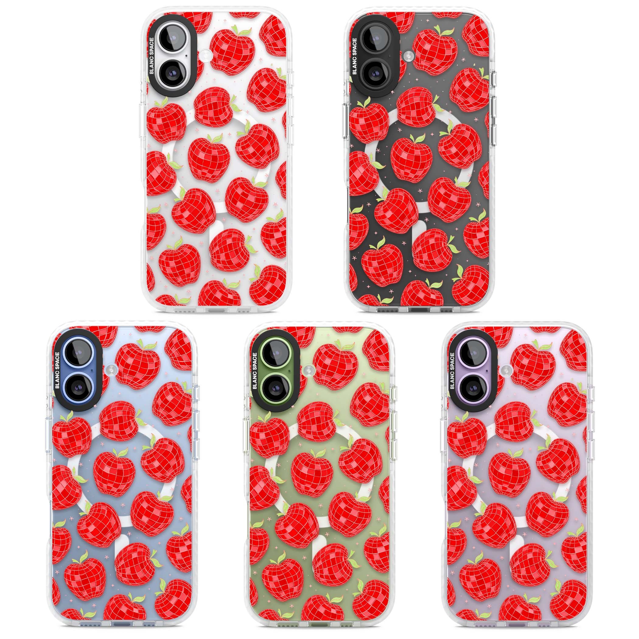 Disco Apples Y2K iPhone case featuring red disco ball apples, green leaves and pink sparkles on clear | Impact Magsafe case for iPhone 17