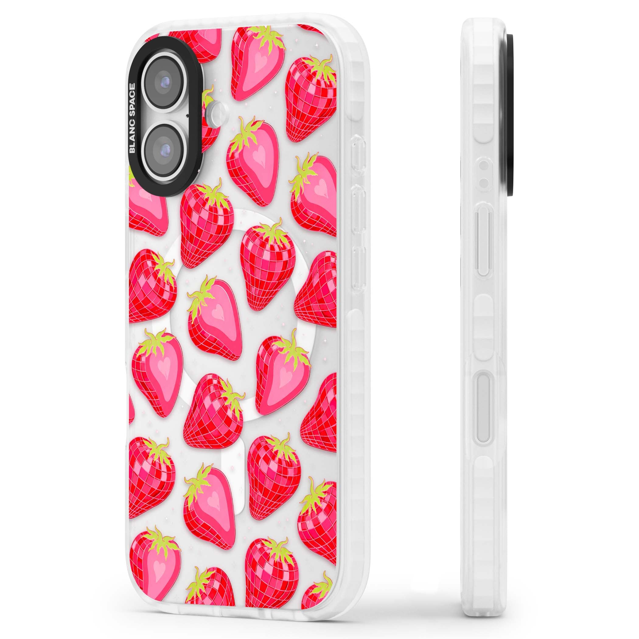 Disco Strawberry Y2K iPhone case featuring pink disco-ball strawberries, green leaves and tiny sparkles | Impact Magsafe case for iPhone 17