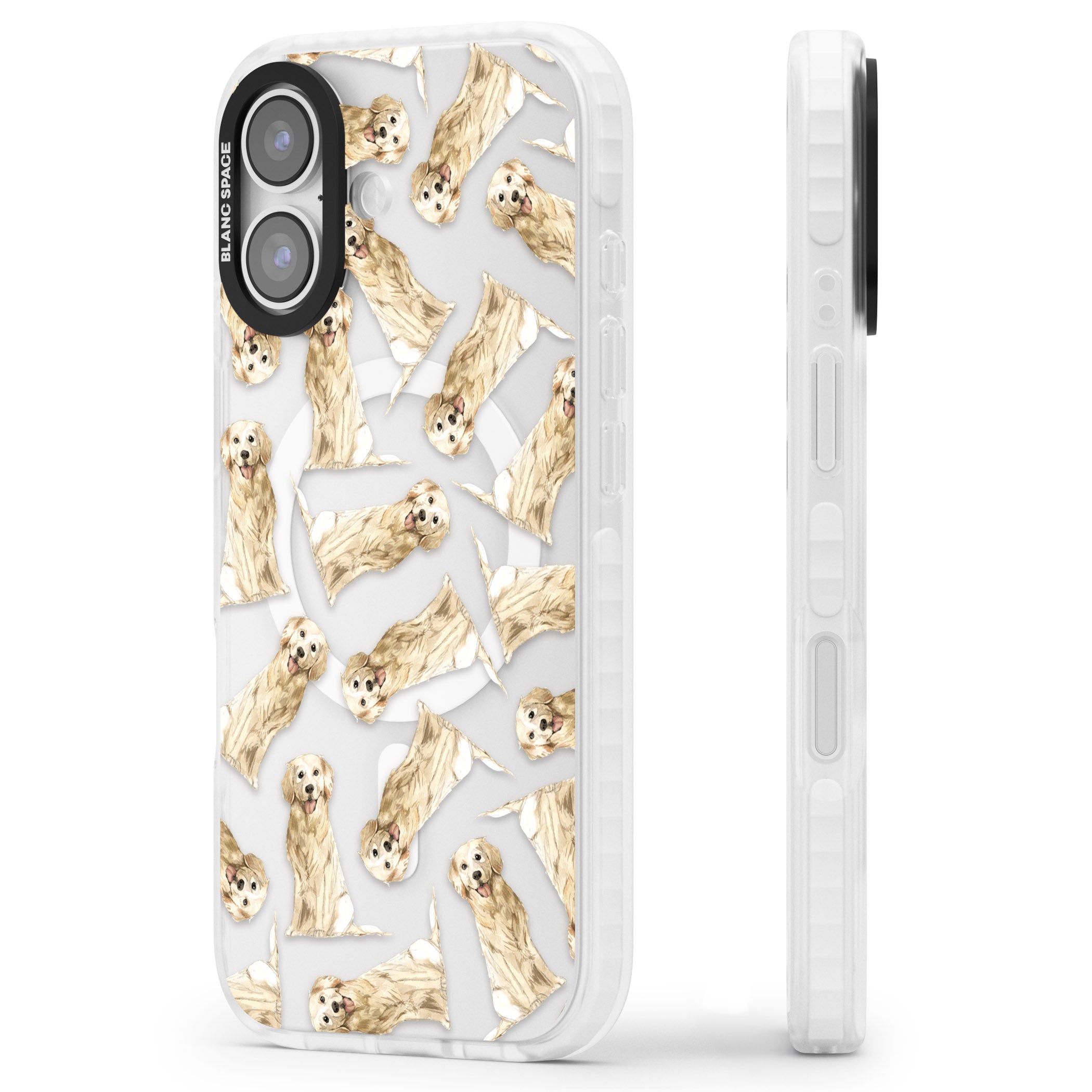 Golden Retriever Watercolor Pattern iPhone 17 Impact Pro Clear Phone Case Side Profile