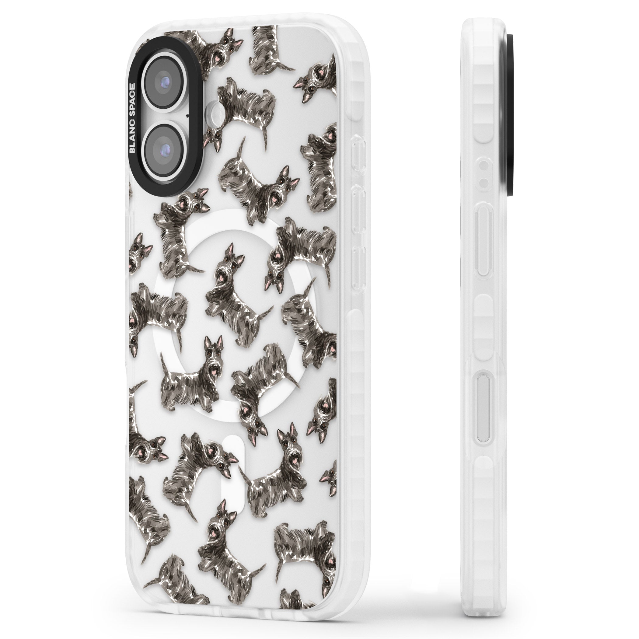 Scottish Terrier Pattern iPhone 17 Impact Pro Clear Phone Case Side Profile
