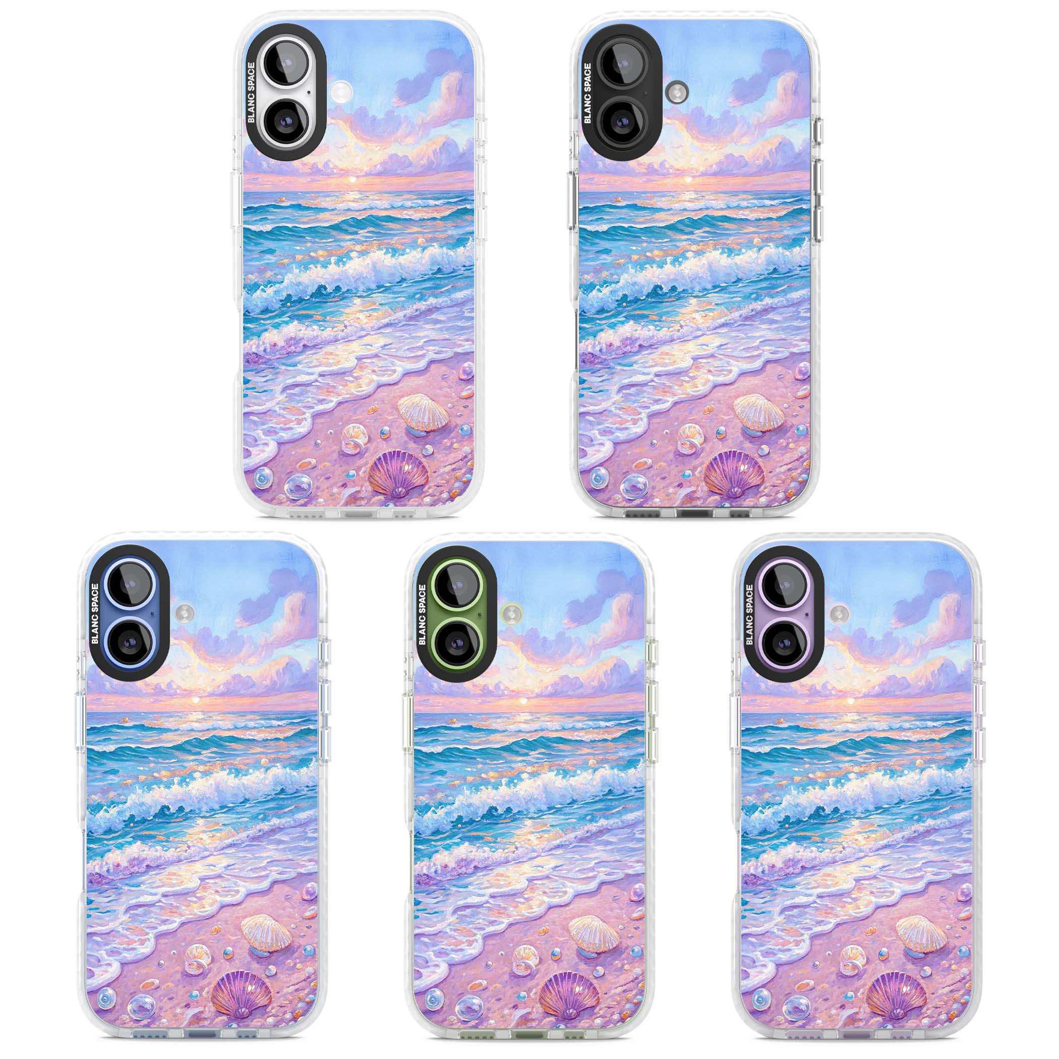 Pearl Shore coastal iPhone case featuring pastel painted waves, seashells, and a sunrise sky over a lavender beach. | Impact Magsafe case for iPhone 17