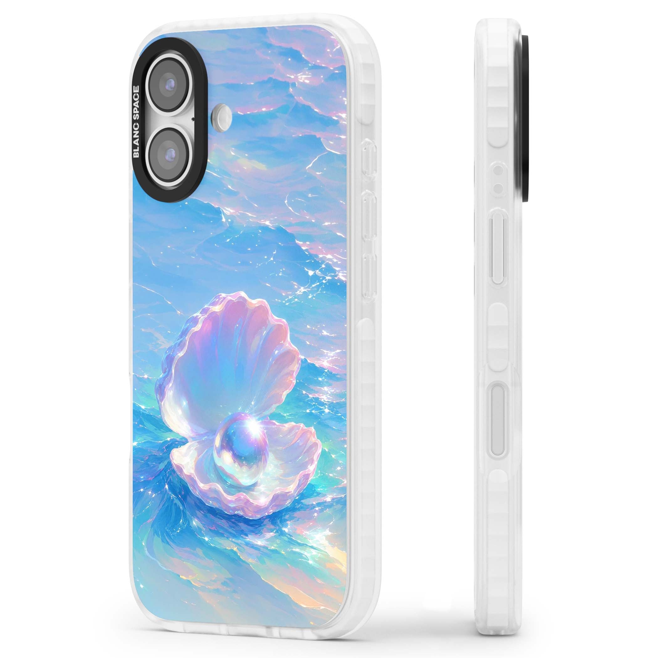The Pearl Clam mermaidcore iPhone case featuring iridescent seashell, glowing pearl and pastel ocean waves | Impact Magsafe case for iPhone 17