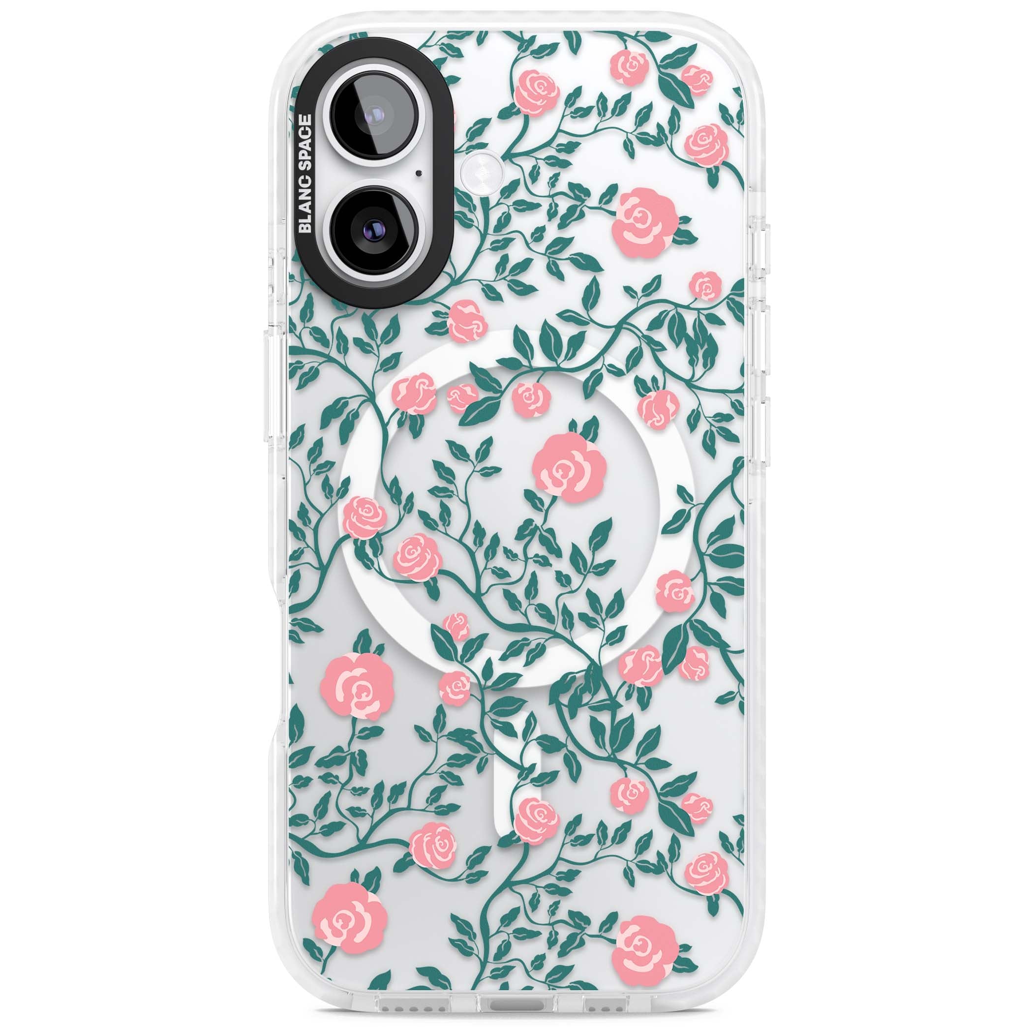 Rose Trellis (Clear) cottagecore iPhone case featuring pink climbing roses and green leaves on clear background | Impact Magsafe case for iPhone 17