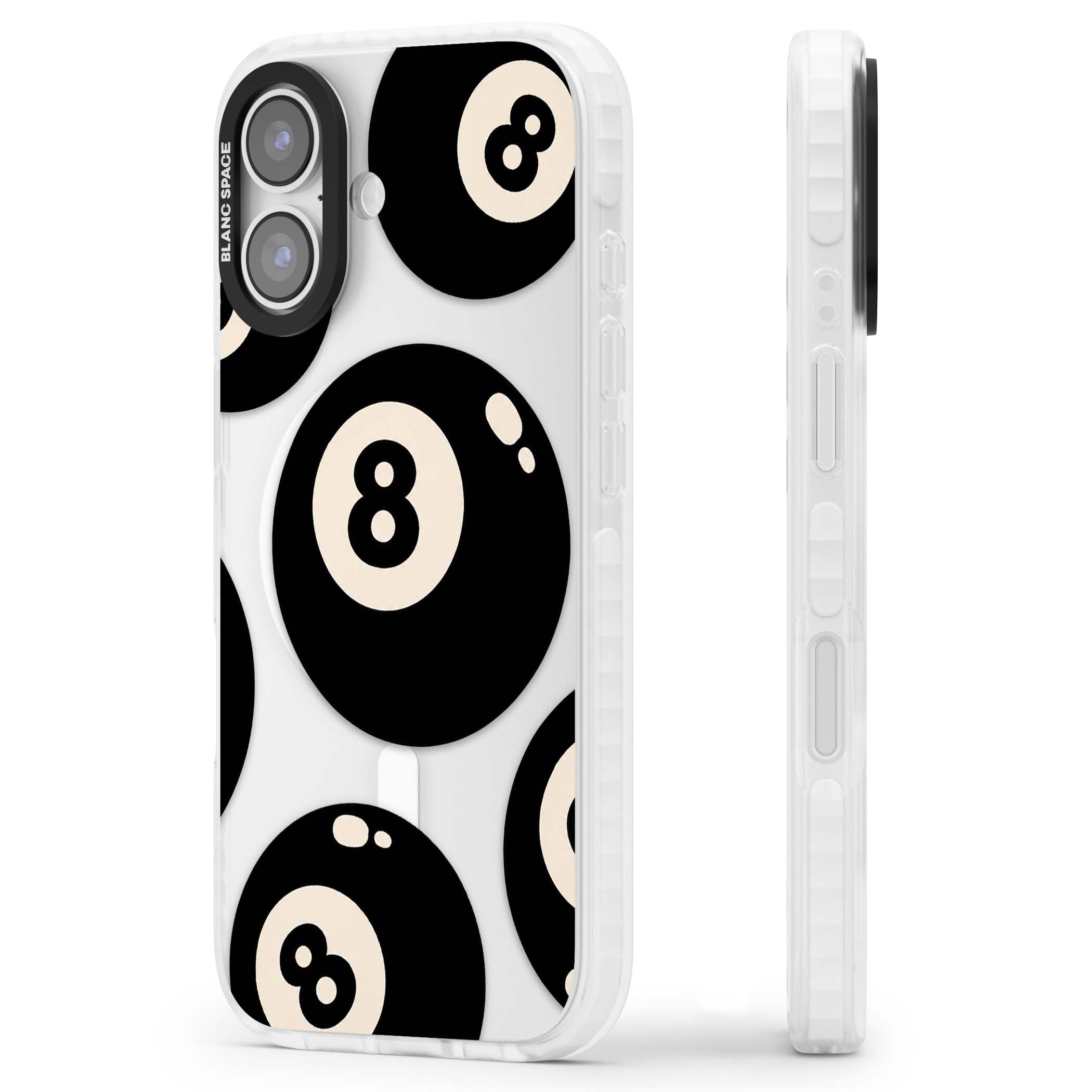 Eights y2k iPhone case featuring scattered black 8 balls with cream highlights on a clear background | Impact Magsafe case for iPhone 17