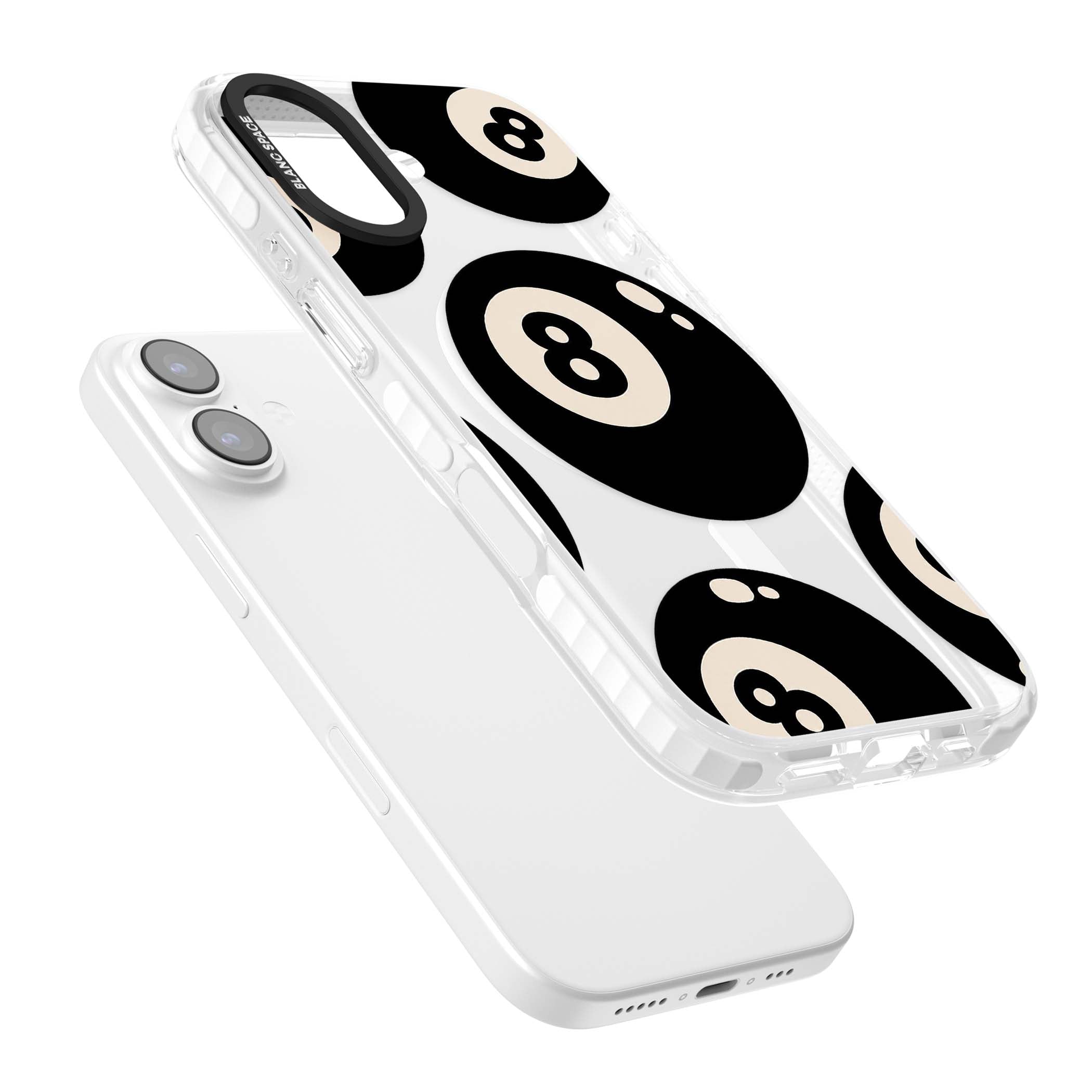 Eights y2k iPhone case featuring scattered black 8 balls with cream highlights on a clear background | Impact Magsafe case for iPhone 17