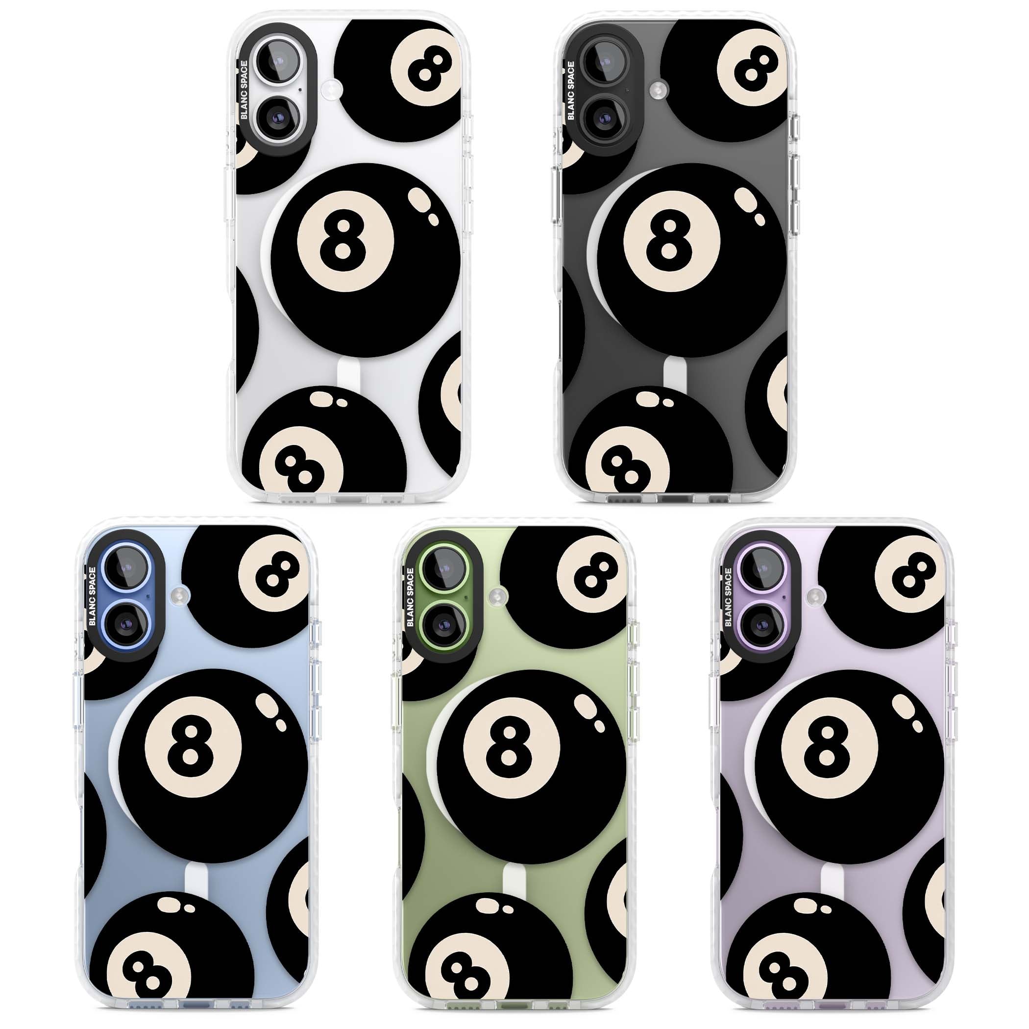 Eights y2k iPhone case featuring scattered black 8 balls with cream highlights on a clear background | Impact Magsafe case for iPhone 17