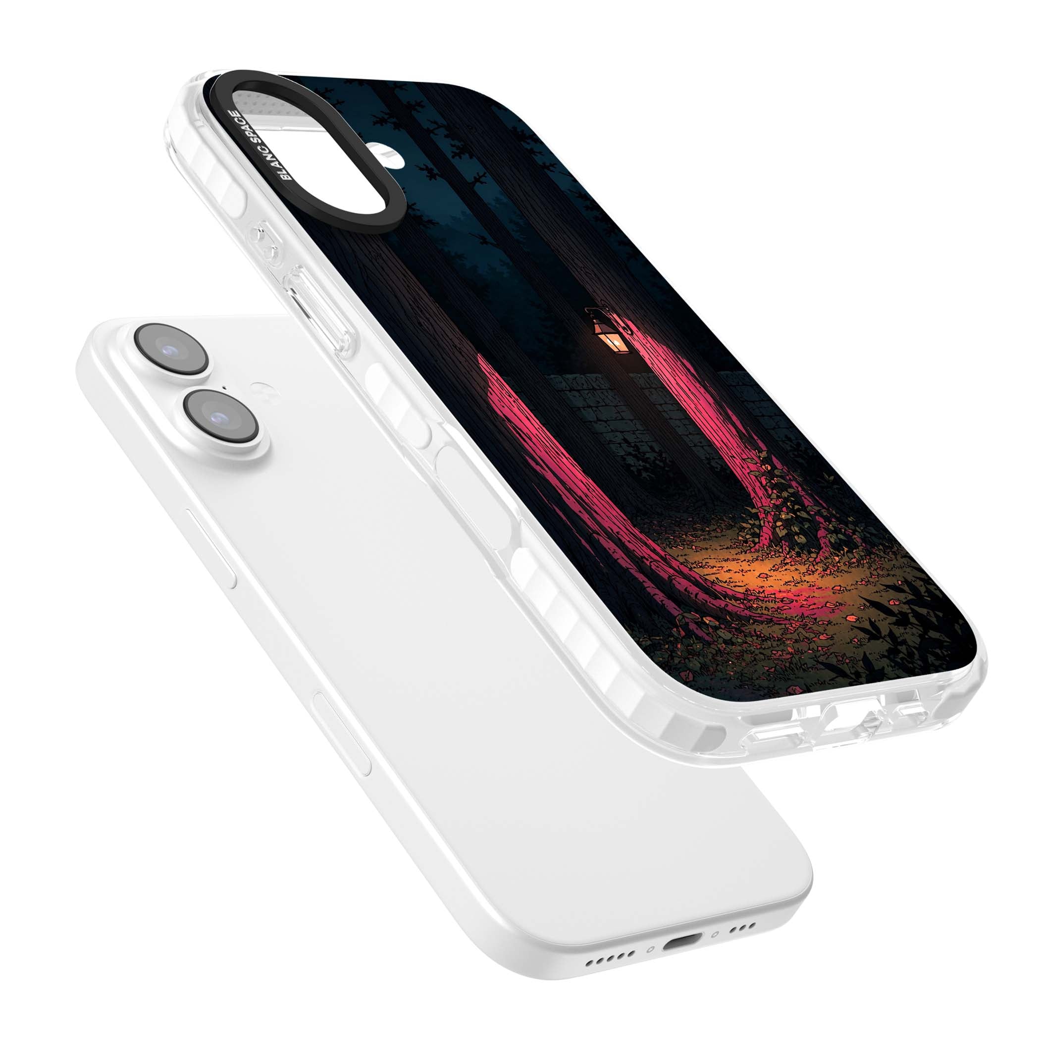Forest Lantern dark academia iPhone case featuring a moonlit forest, glowing lantern, and stone wall pathway | Impact Magsafe case for iPhone 17