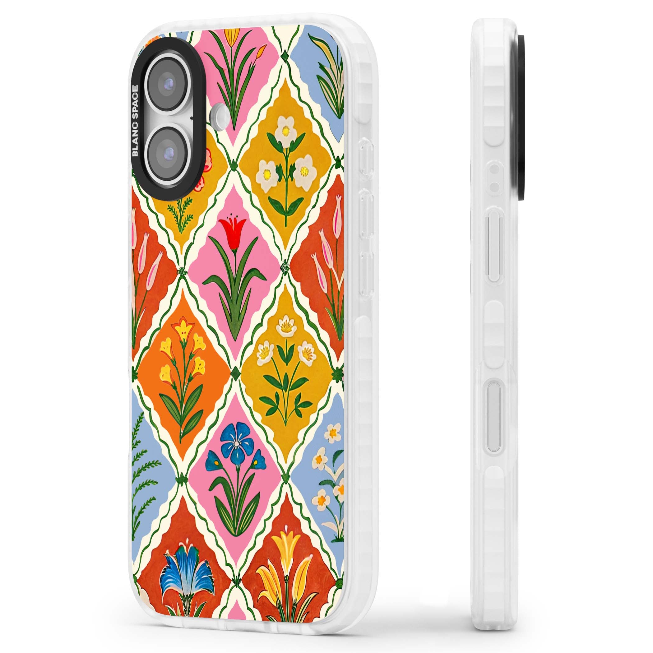 Floral Quilt boho floral iPhone case featuring diamond lattice pattern, hand-painted tulips and folk art wildflowers | Impact Magsafe case for iPhone 17