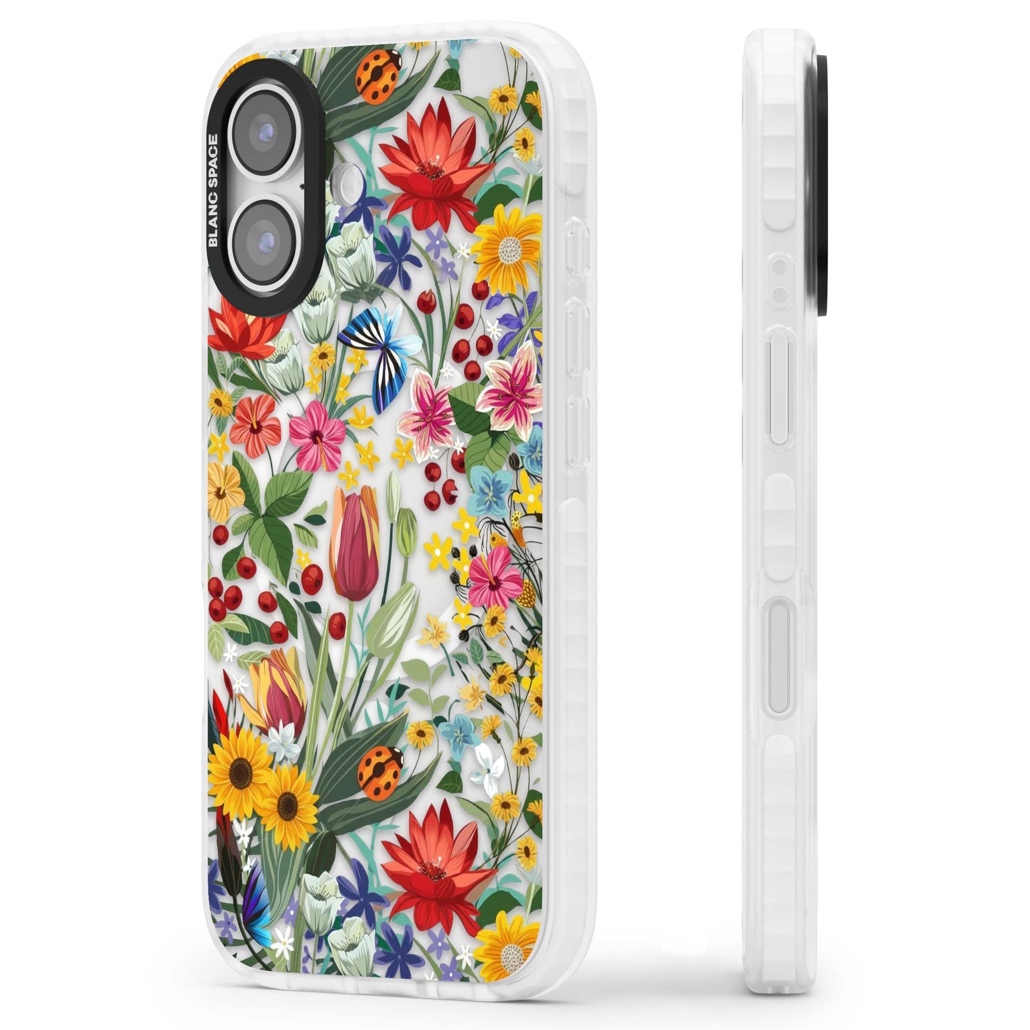 Botanical Bloom cottagecore iPhone case featuring colorful wildflowers, sunflowers, and ladybugs on clear background | Impact Magsafe case for iPhone 17