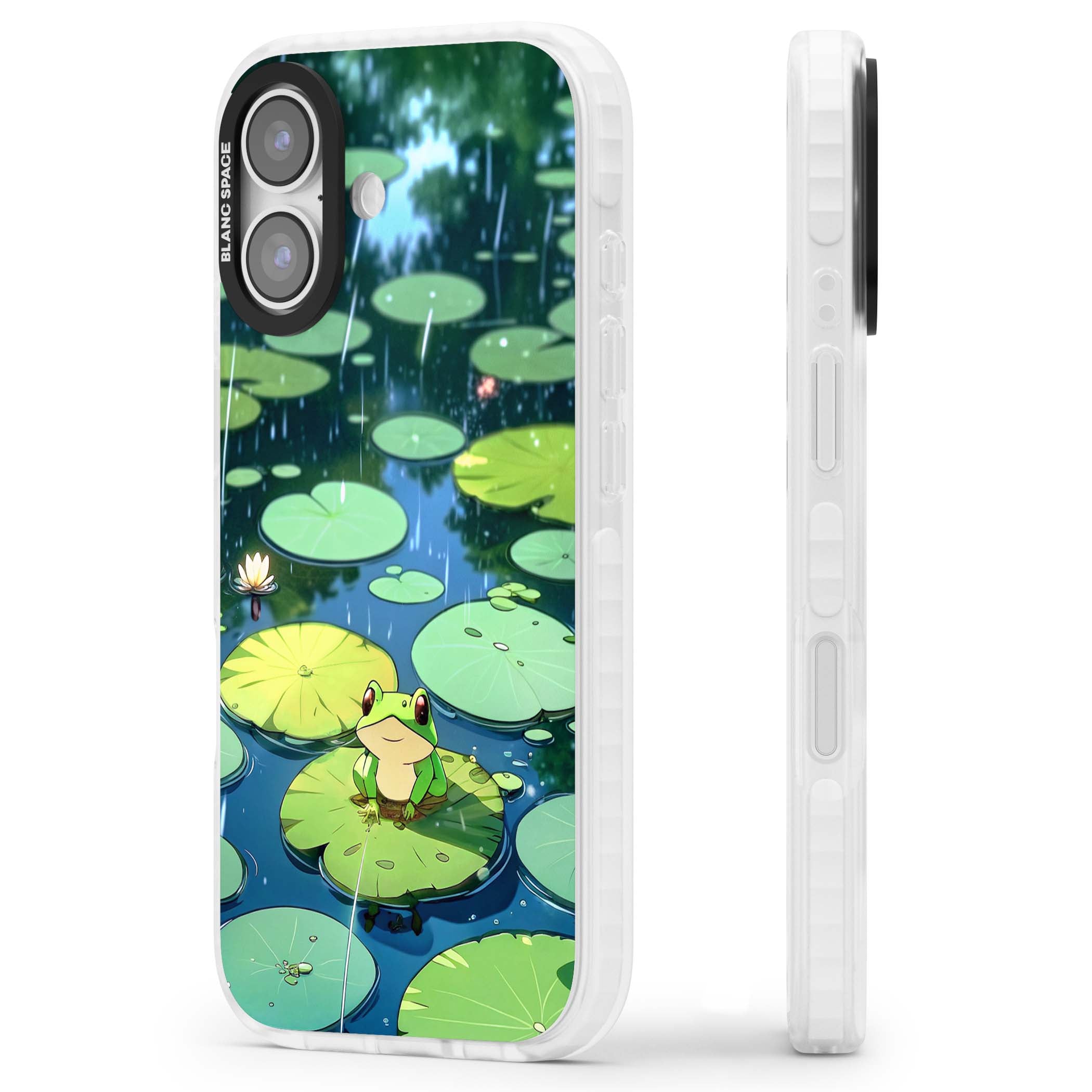Frog In Lily Pond cottagecore iPhone case featuring a cute green frog on a lily pad with falling rain and a lotus flower | Impact Magsafe case for iPhone 17