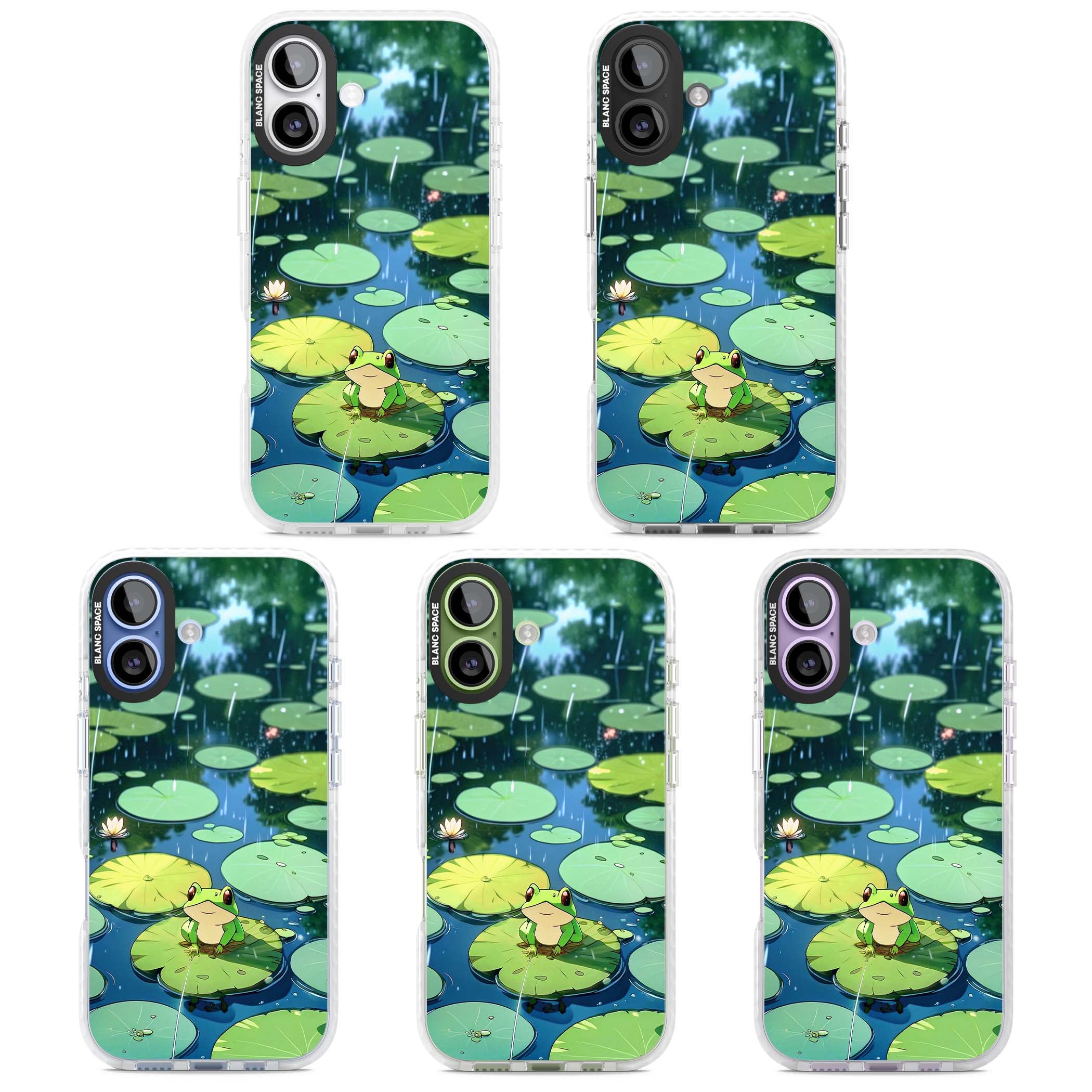 Frog In Lily Pond cottagecore iPhone case featuring a cute green frog on a lily pad with falling rain and a lotus flower | Impact Magsafe case for iPhone 17