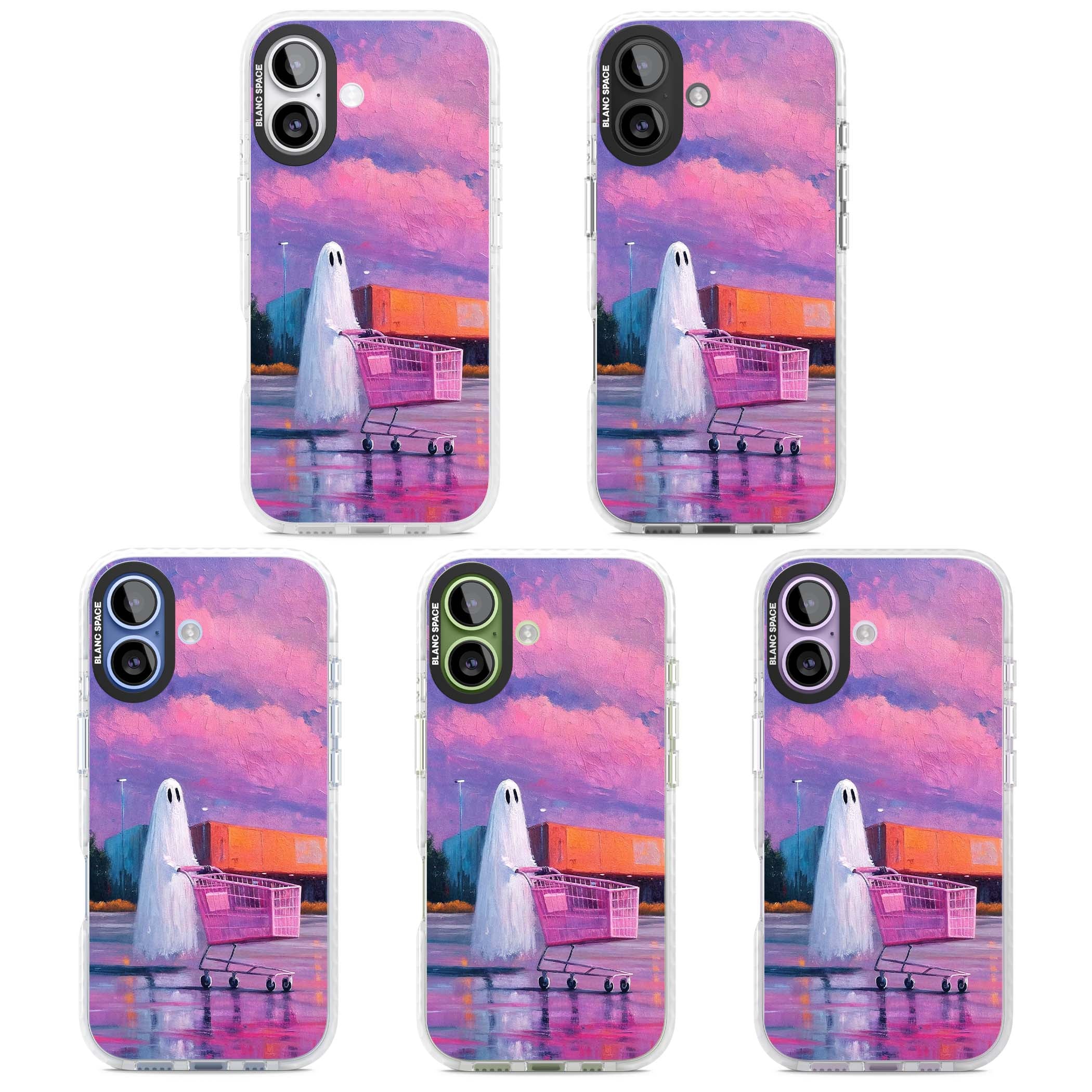 A Ghost's Errand ghost halloween iPhone case featuring a painted ghost, pink shopping trolley and purple sunset sky | Impact Magsafe case for iPhone 17