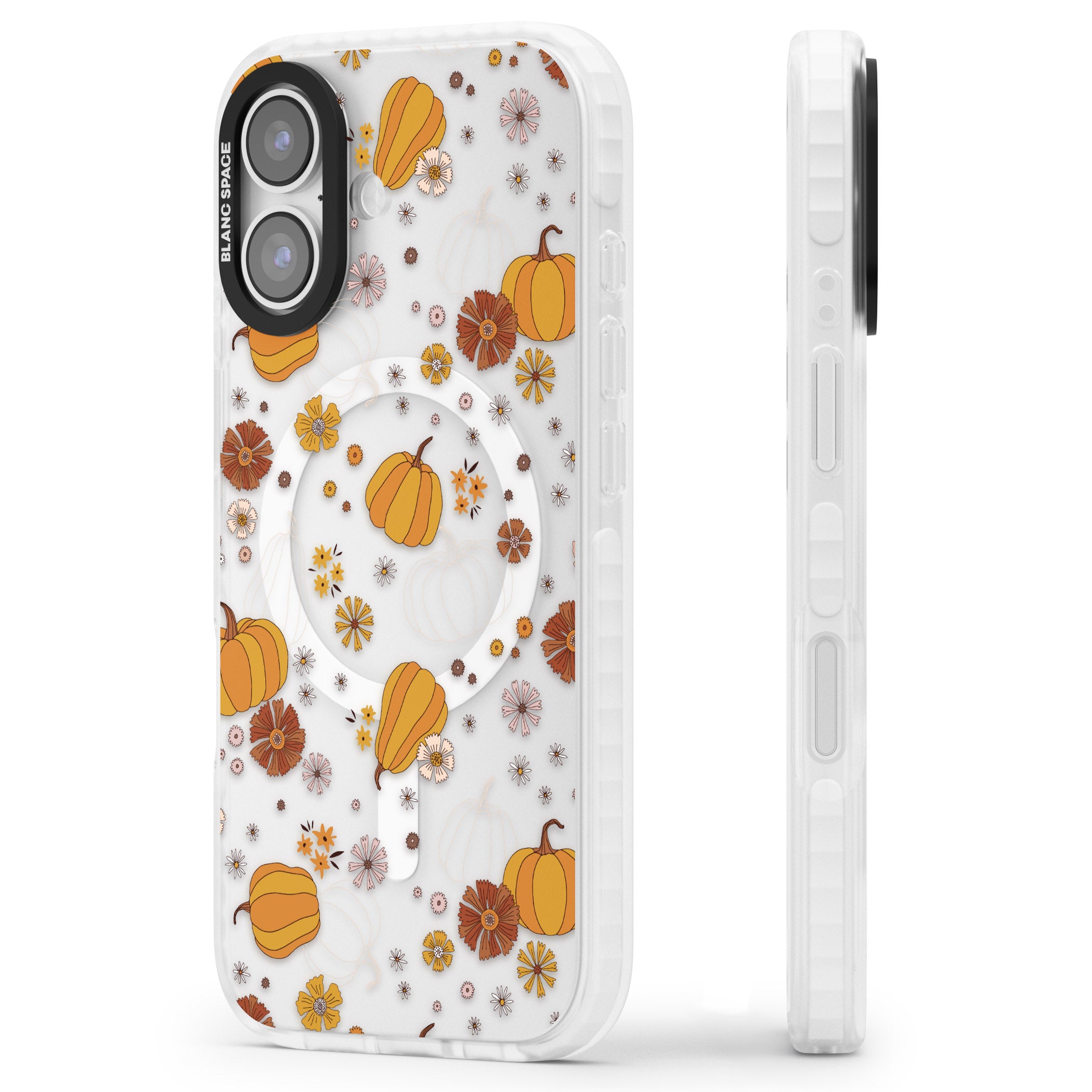Halloween Pumpkins And Flowers iPhone 17 Impact Pro Clear Phone Case Side Profile