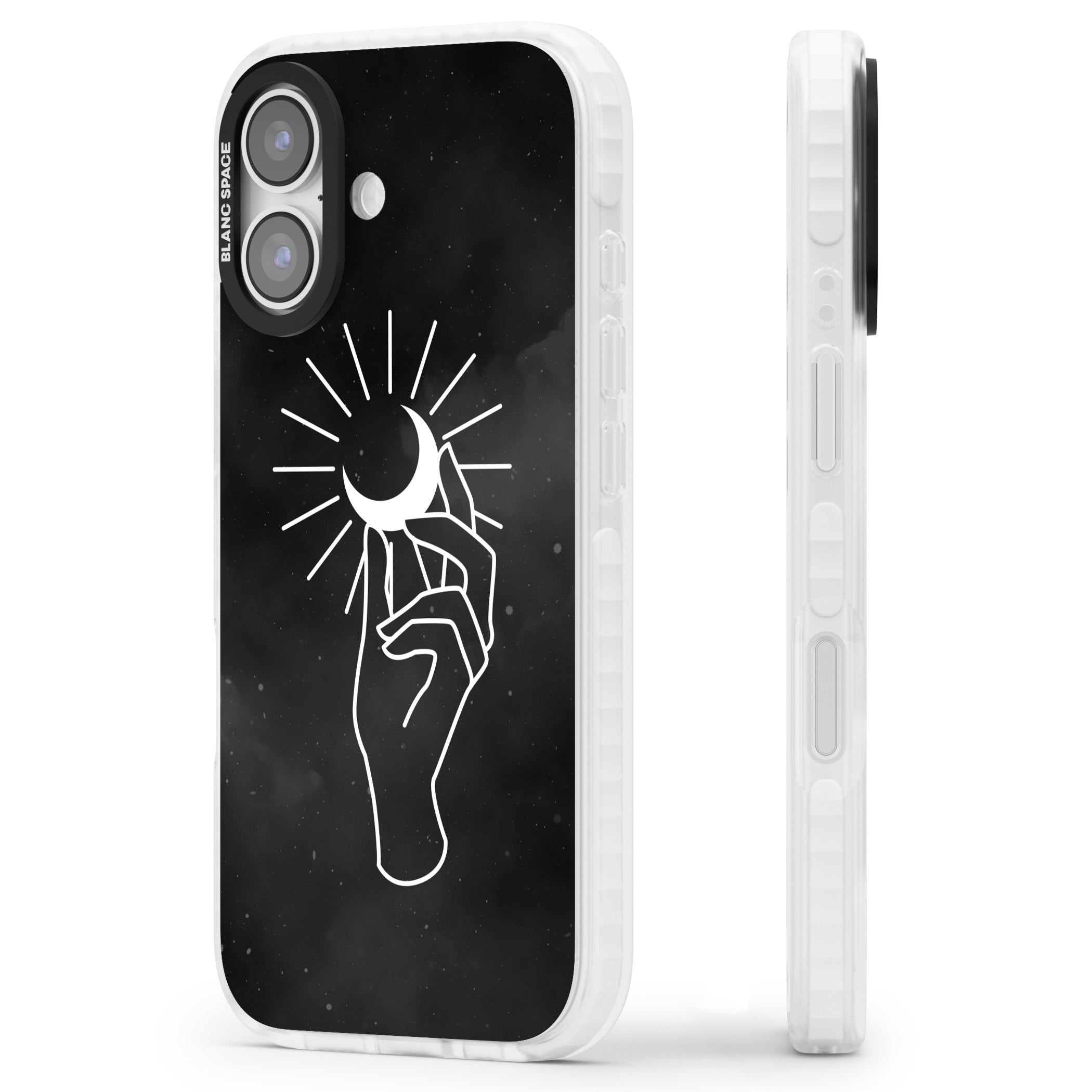 Hand Holding Celestial Moon iPhone 17 Impact Pro Clear Phone Case Side Profile