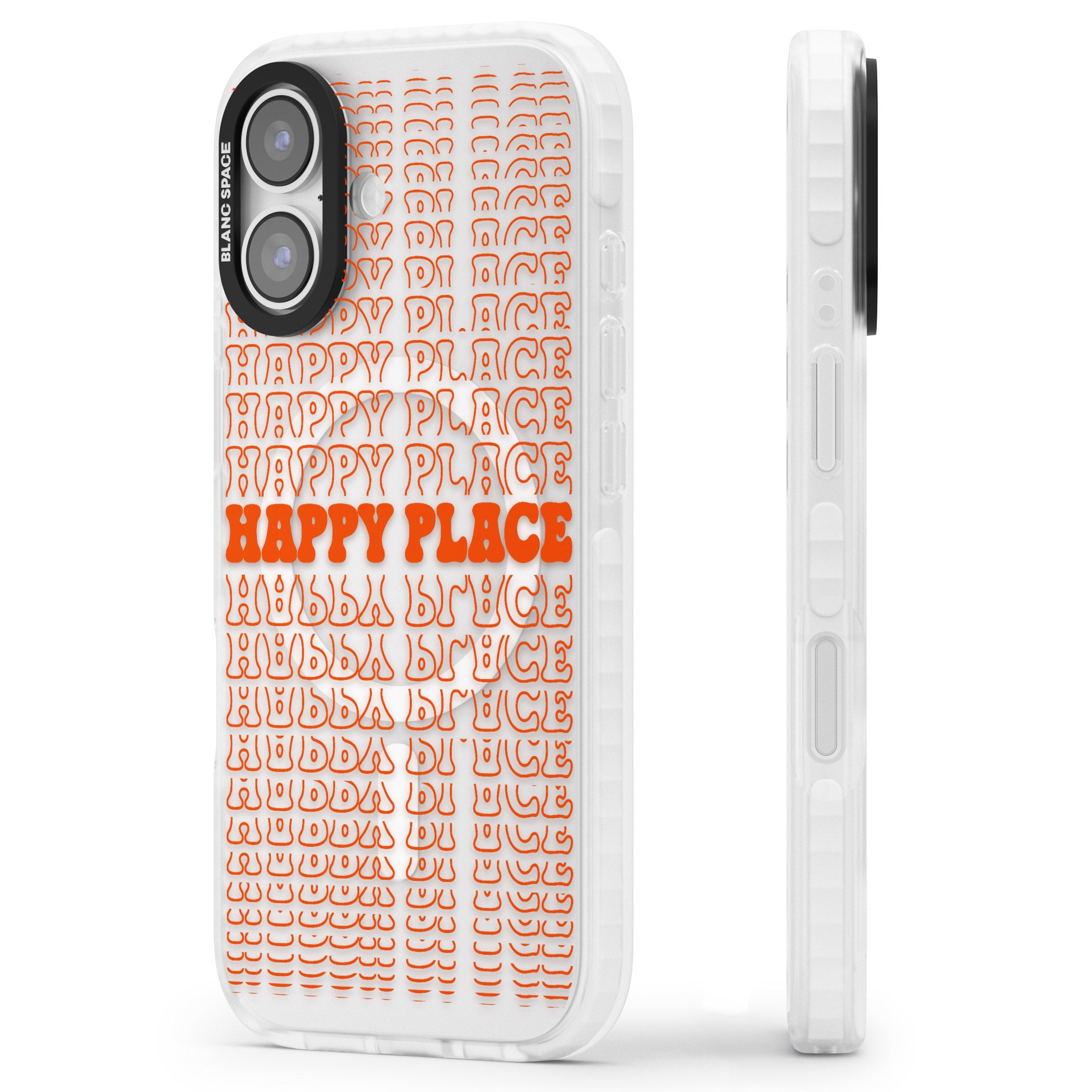 Happy Place (Orange) iPhone 17 Impact Pro Clear Phone Case Side Profile