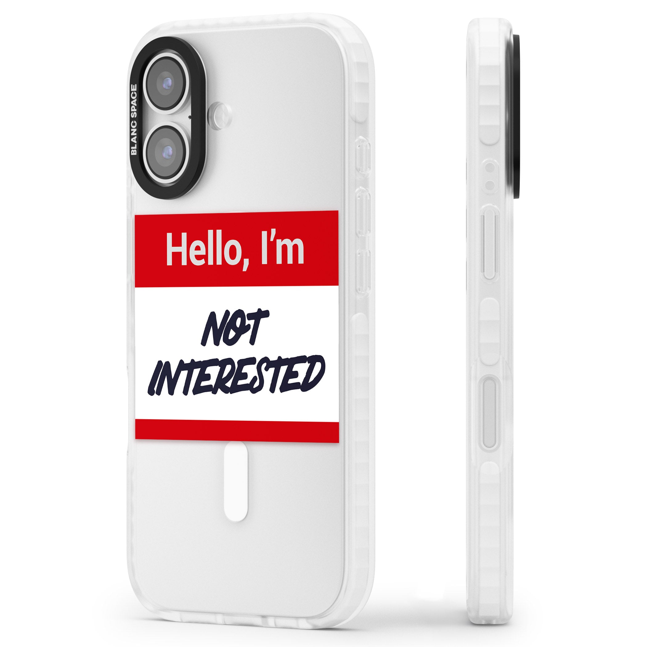 Funny Hello Name Tag Not Interested iPhone 17 Impact Pro Clear Phone Case Side Profile