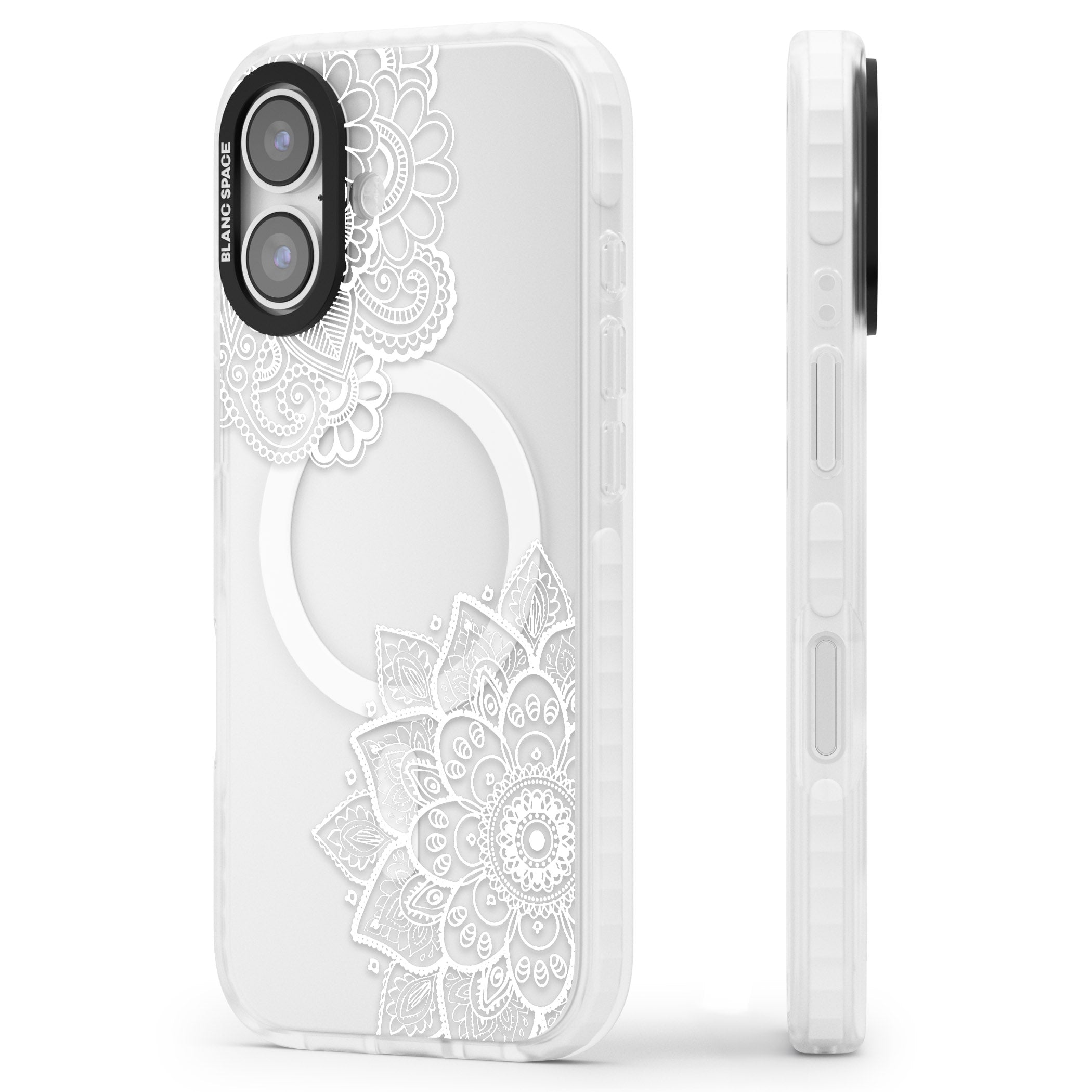 White Henna Florals iPhone 17 Impact Pro Clear Phone Case Side Profile