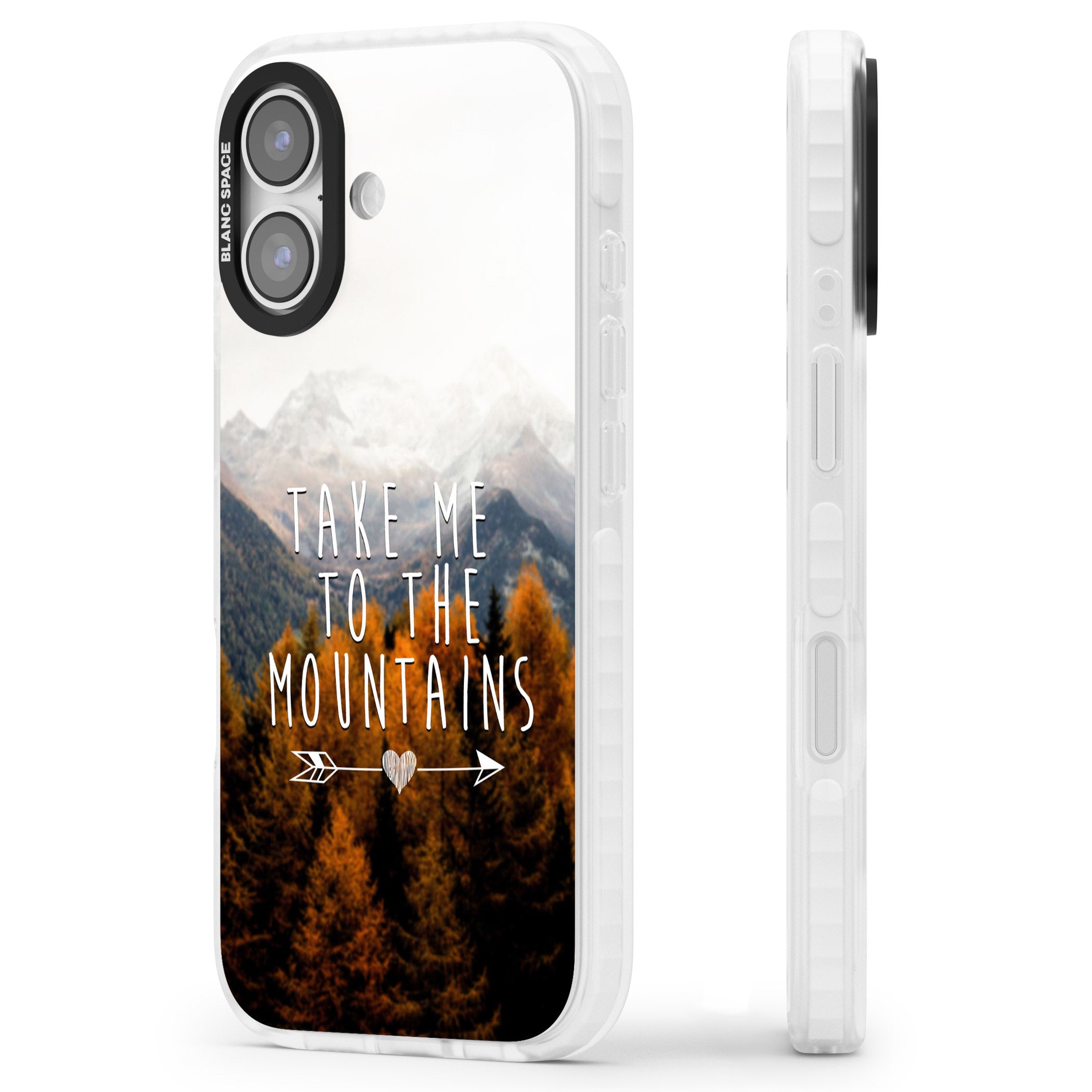 Take Me Mountains Quote iPhone 17 Impact Pro Clear Phone Case Side Profile