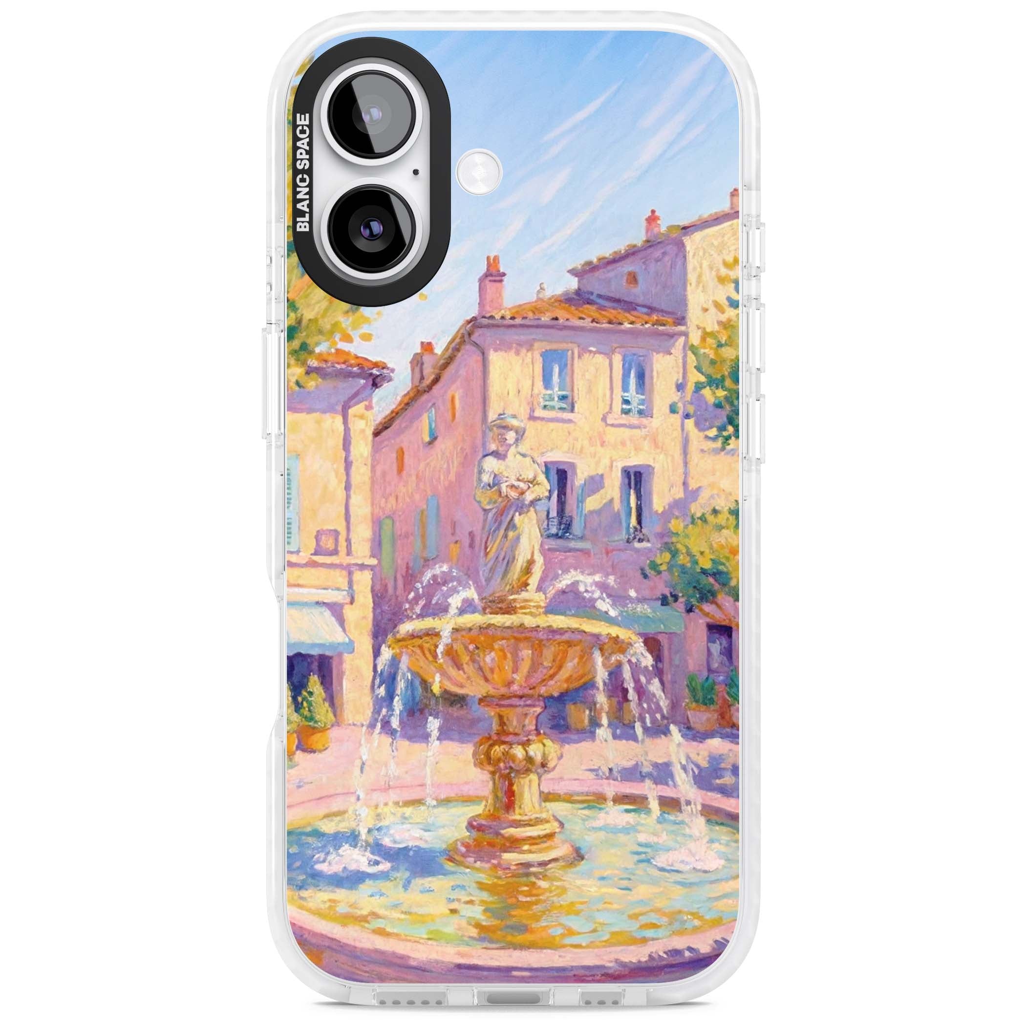Fountain Square fine art iPhone case featuring an impressionist Provençal fountain, pastel village buildings and summe | Impact Magsafe case for iPhone 17