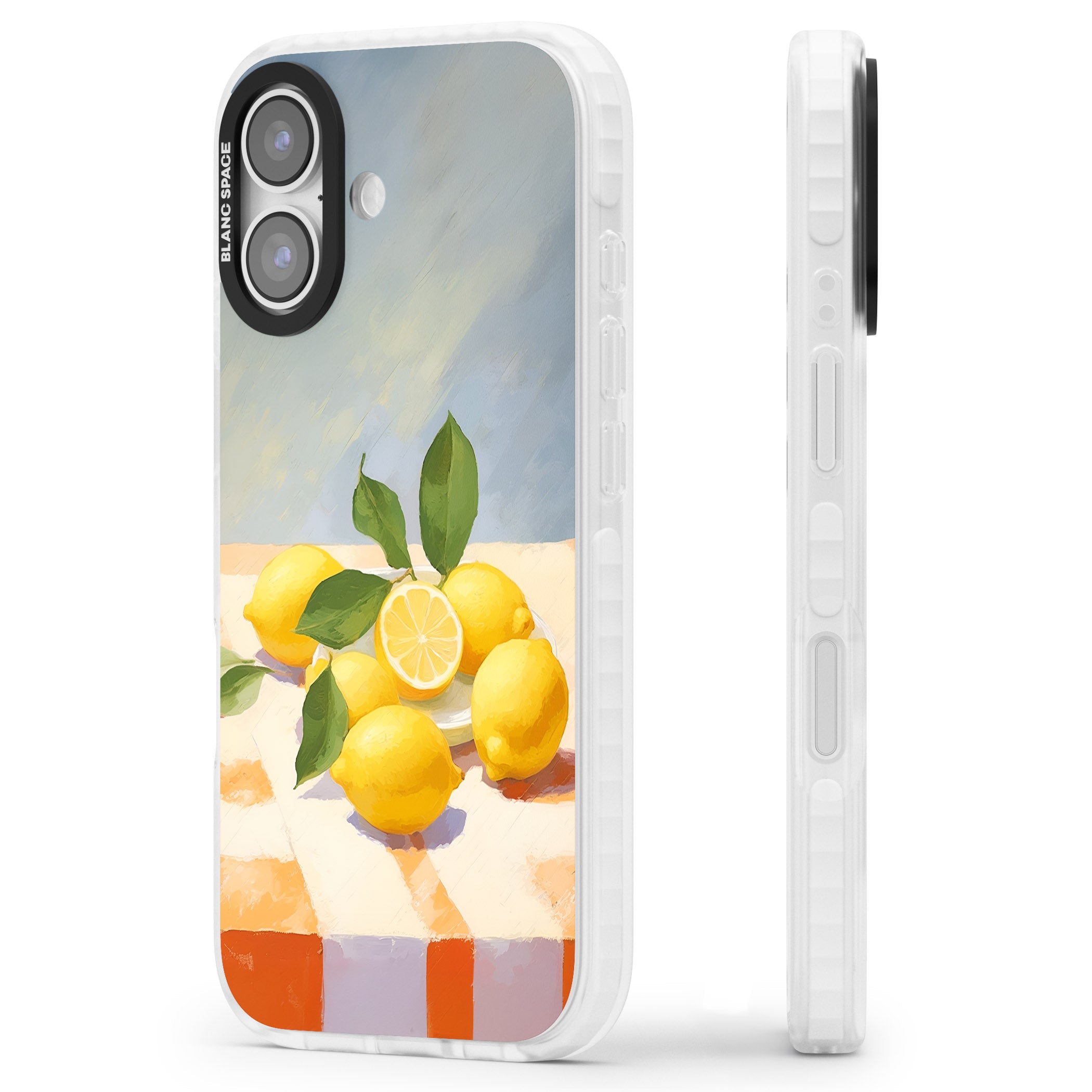 Lemons on Checkered Cloth iPhone 17 Impact Pro Clear Phone Case Side Profile